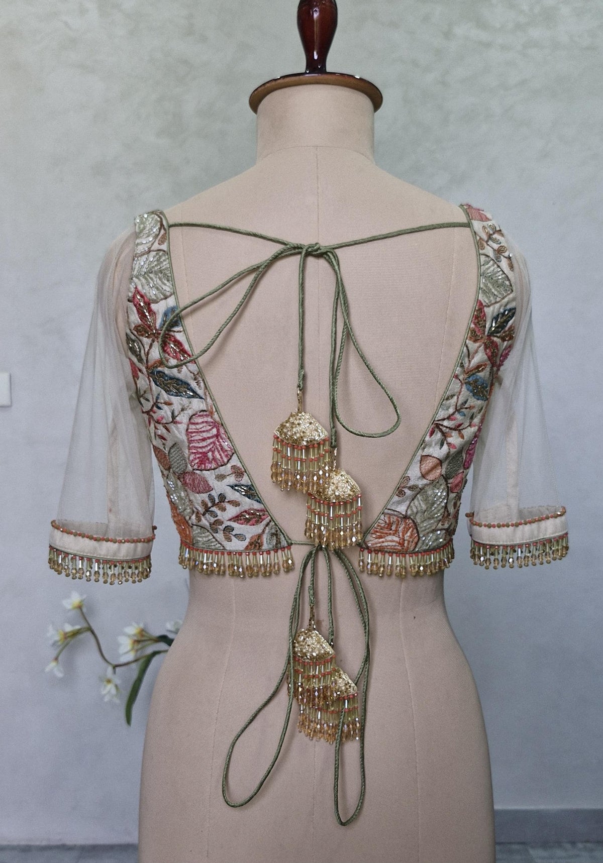Hand Embroidered Silk Blouse, Cream Tissue, Sweetheart Neck, DVBL_422