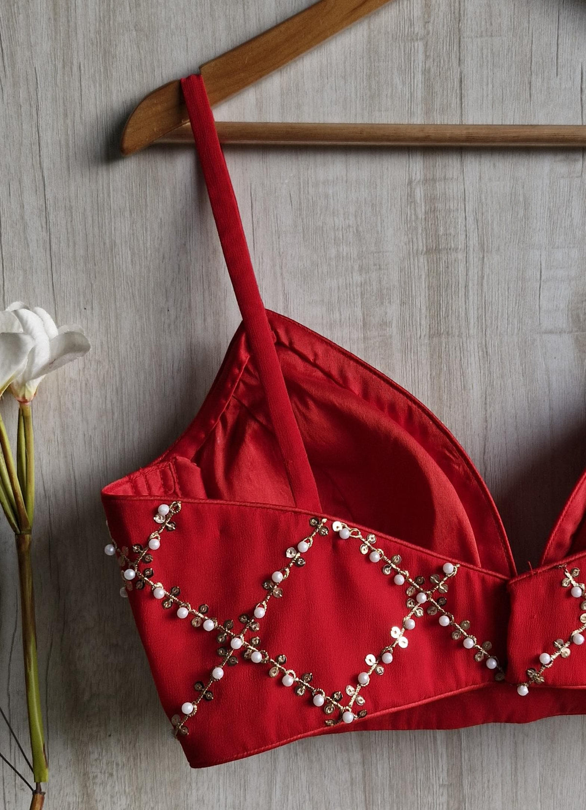 Red Georgette Blouse, Sequins & Beads Embroidery, DVBL_438