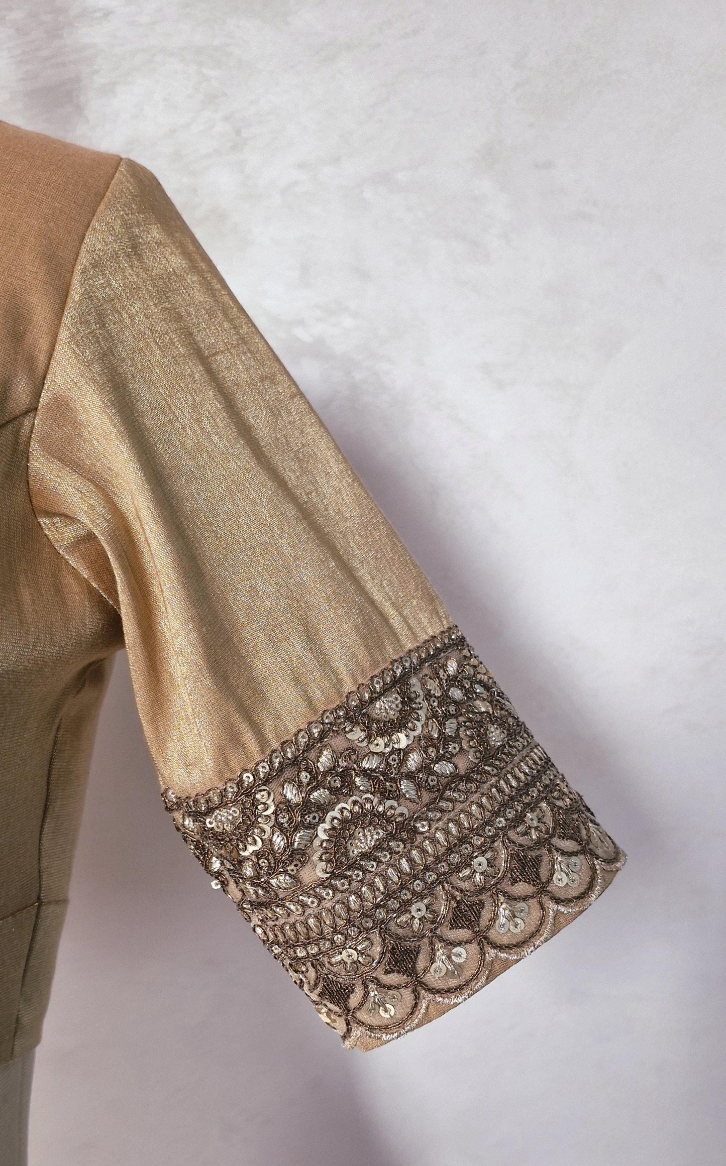 Copper Rose Gold Banarasi Tissue Deep V Neck Blouse