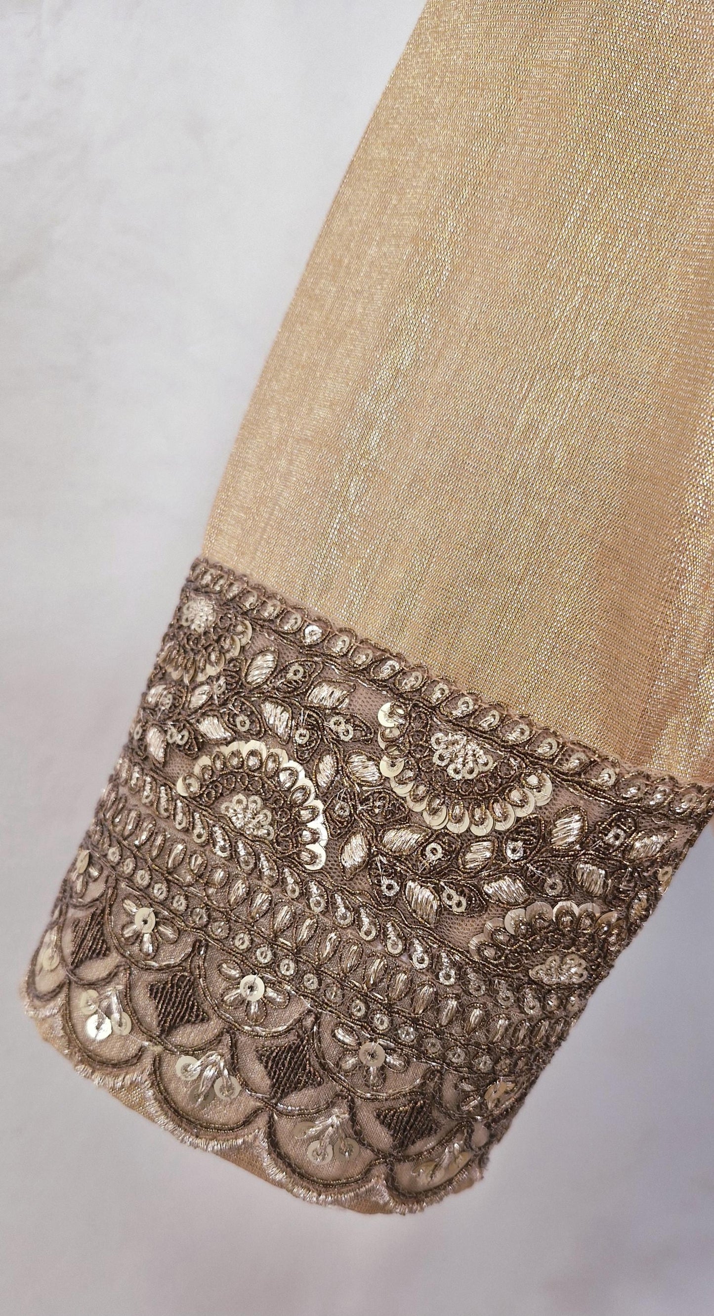 Copper Rose Gold Banarasi Tissue Deep V Neck Blouse