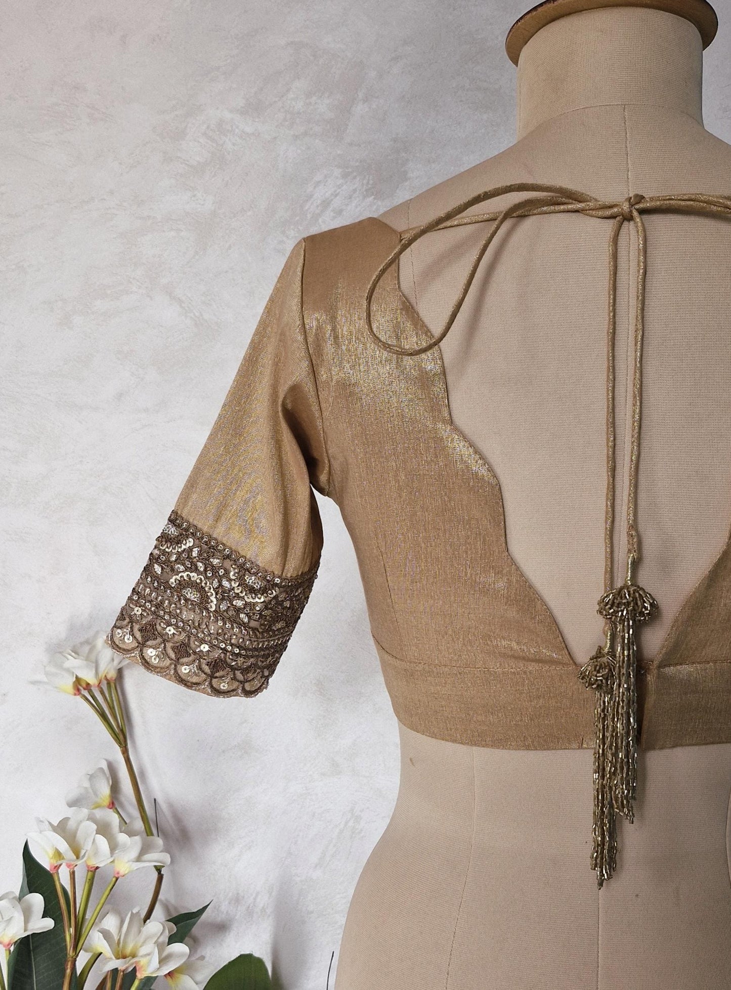 Copper Rose Gold Banarasi Tissue Deep V Neck Blouse