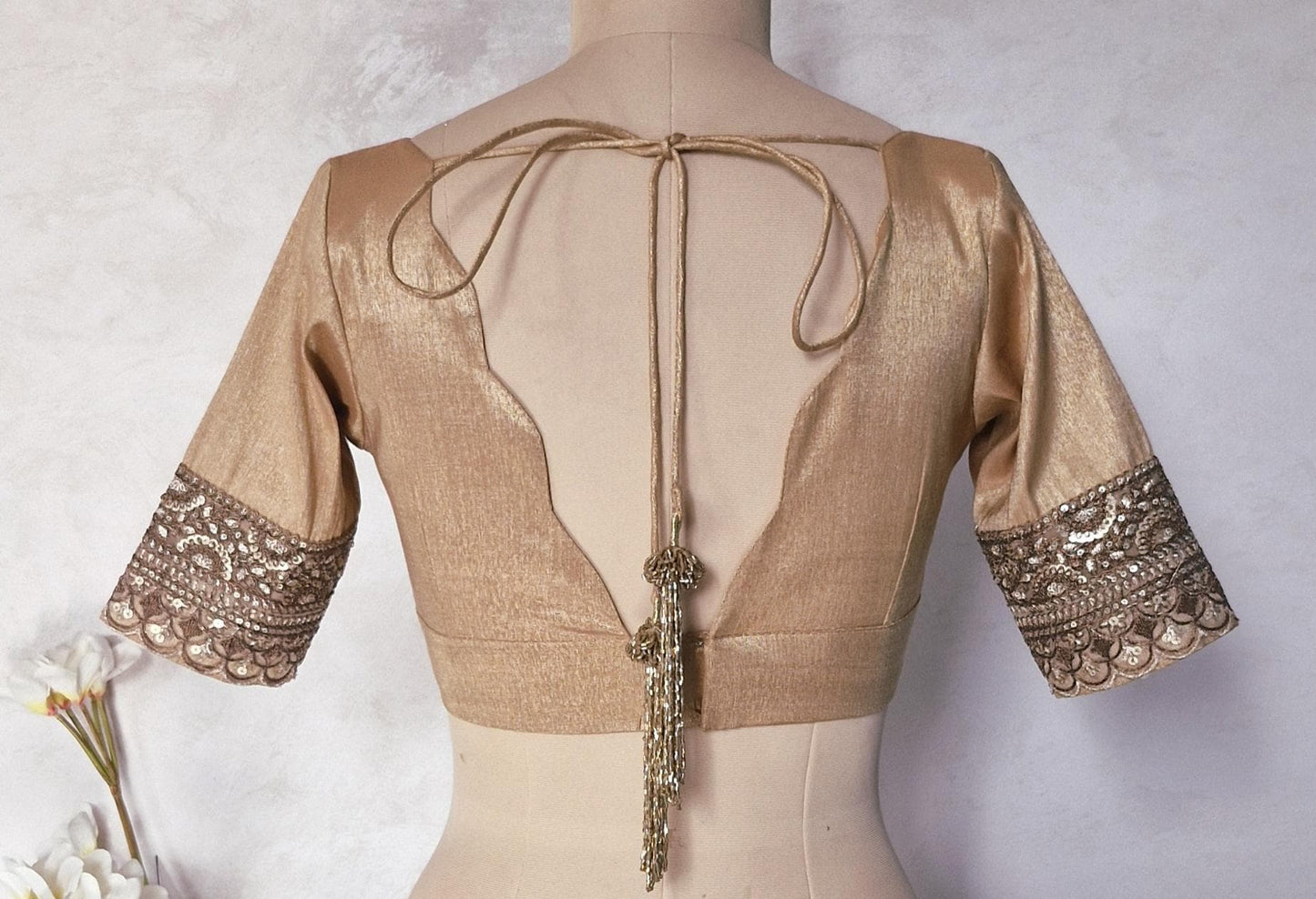 Copper Rose Gold Banarasi Tissue Deep V Neck Blouse