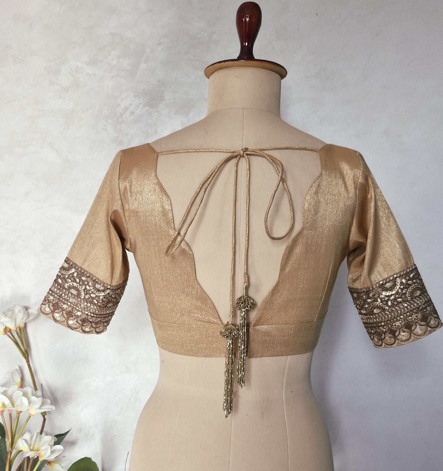Copper Rose Gold Banarasi Tissue Deep V Neck Blouse