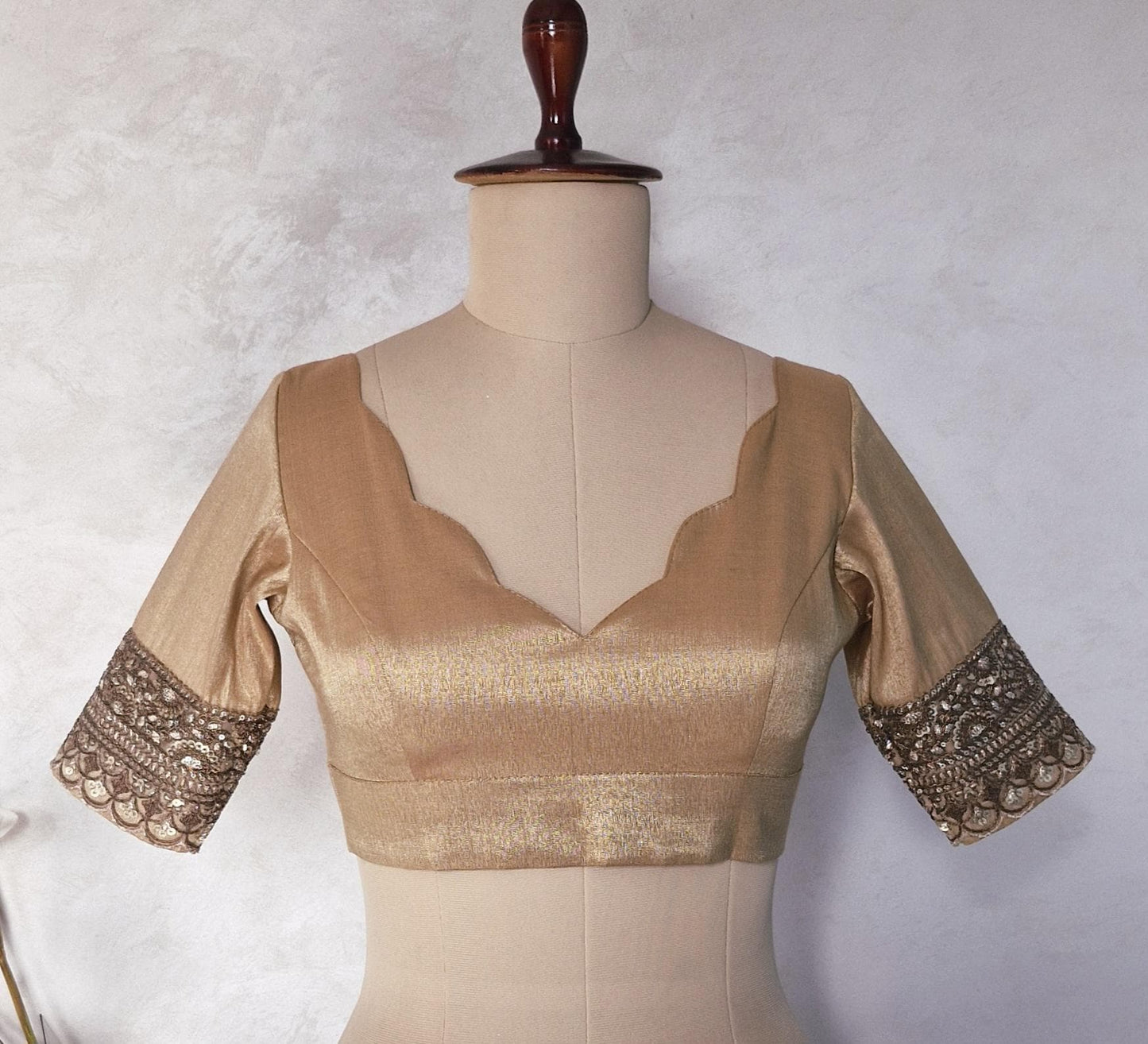 Copper Rose Gold Banarasi Tissue Deep V Neck Blouse