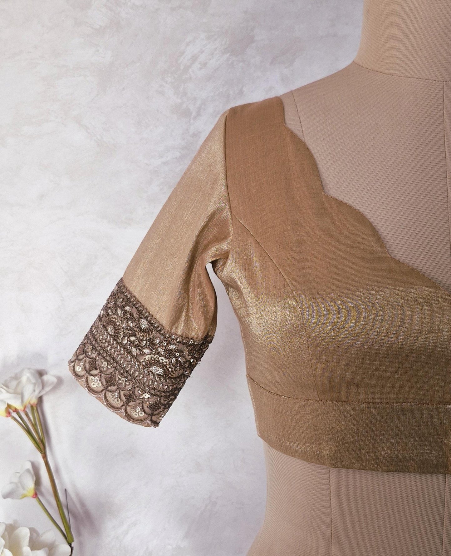 Copper Rose Gold Banarasi Tissue Deep V Neck Blouse