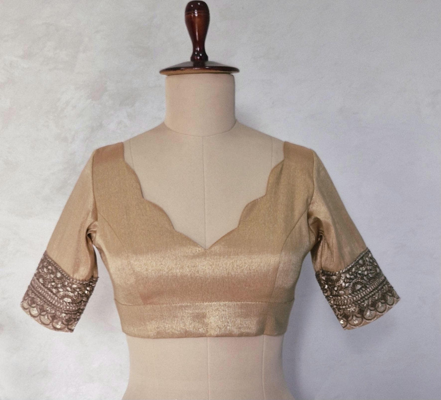 Copper Rose Gold Banarasi Tissue Deep V Neck Blouse
