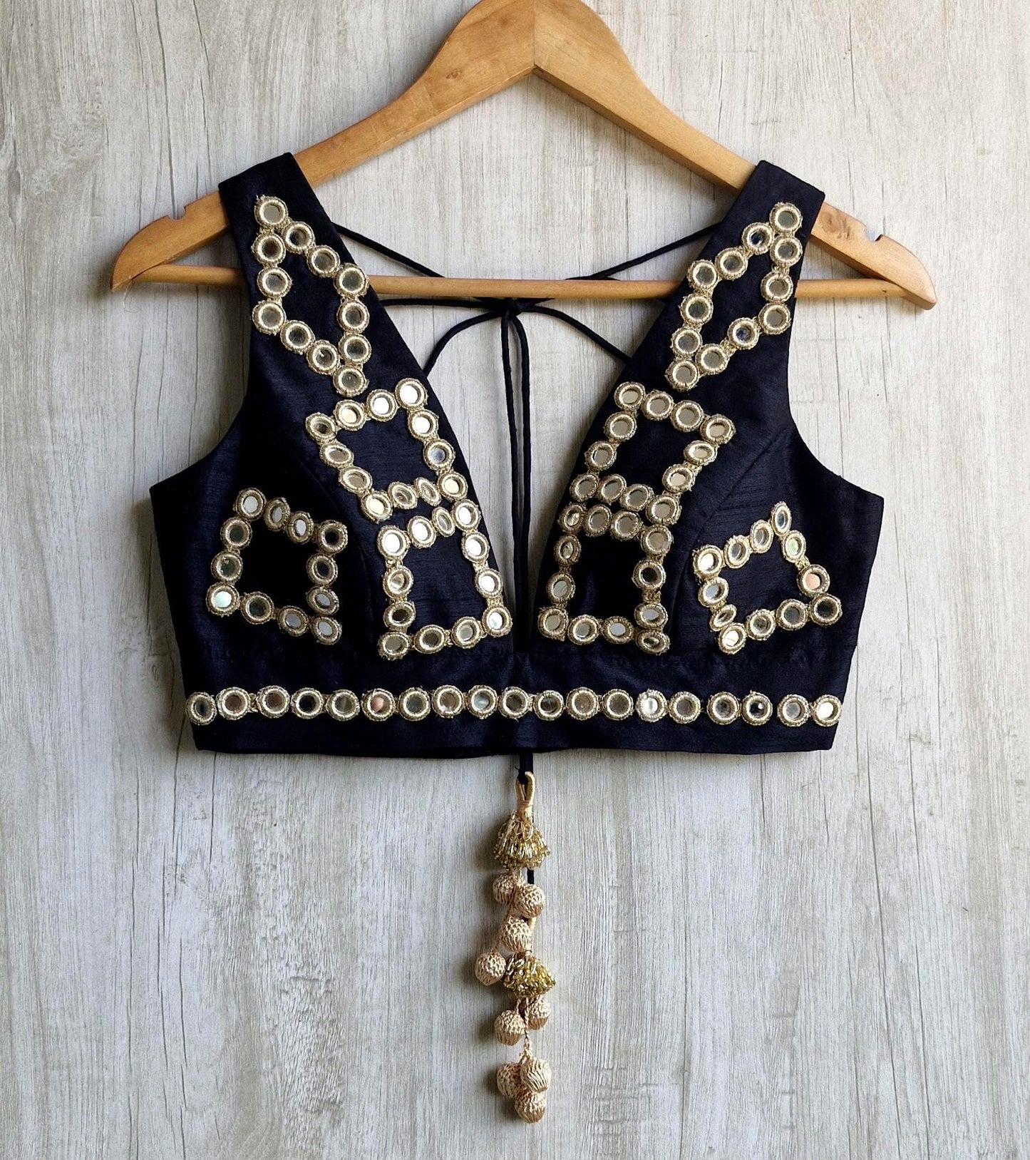 Mirror Embroidered Black Raw Silk Blouse Plunge Neckline