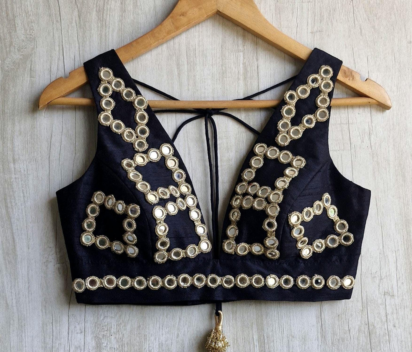 Mirror Embroidered Black Raw Silk Blouse Plunge Neckline