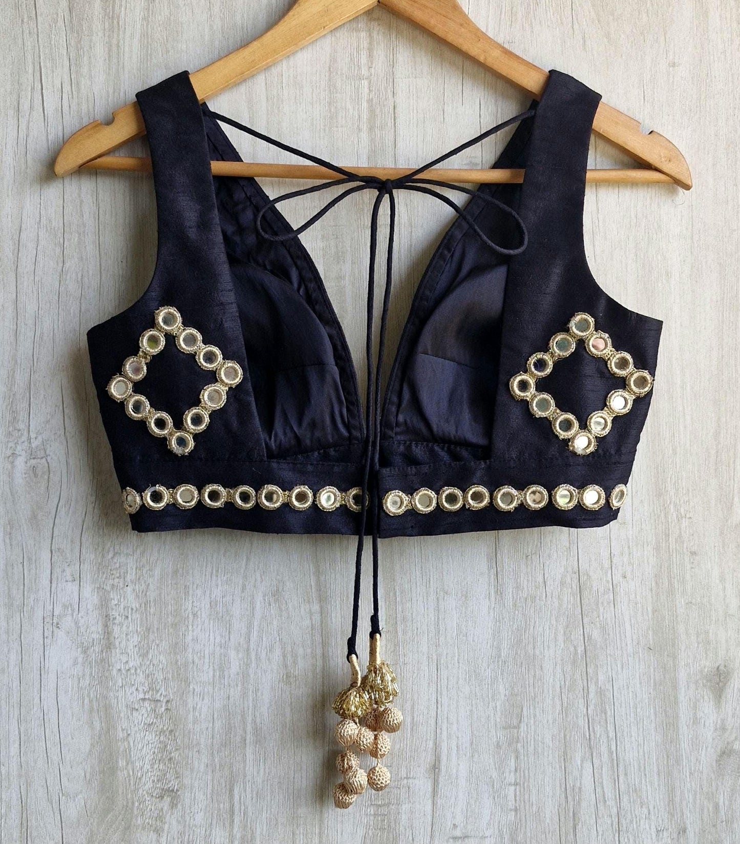 Mirror Embroidered Black Raw Silk Blouse Plunge Neckline