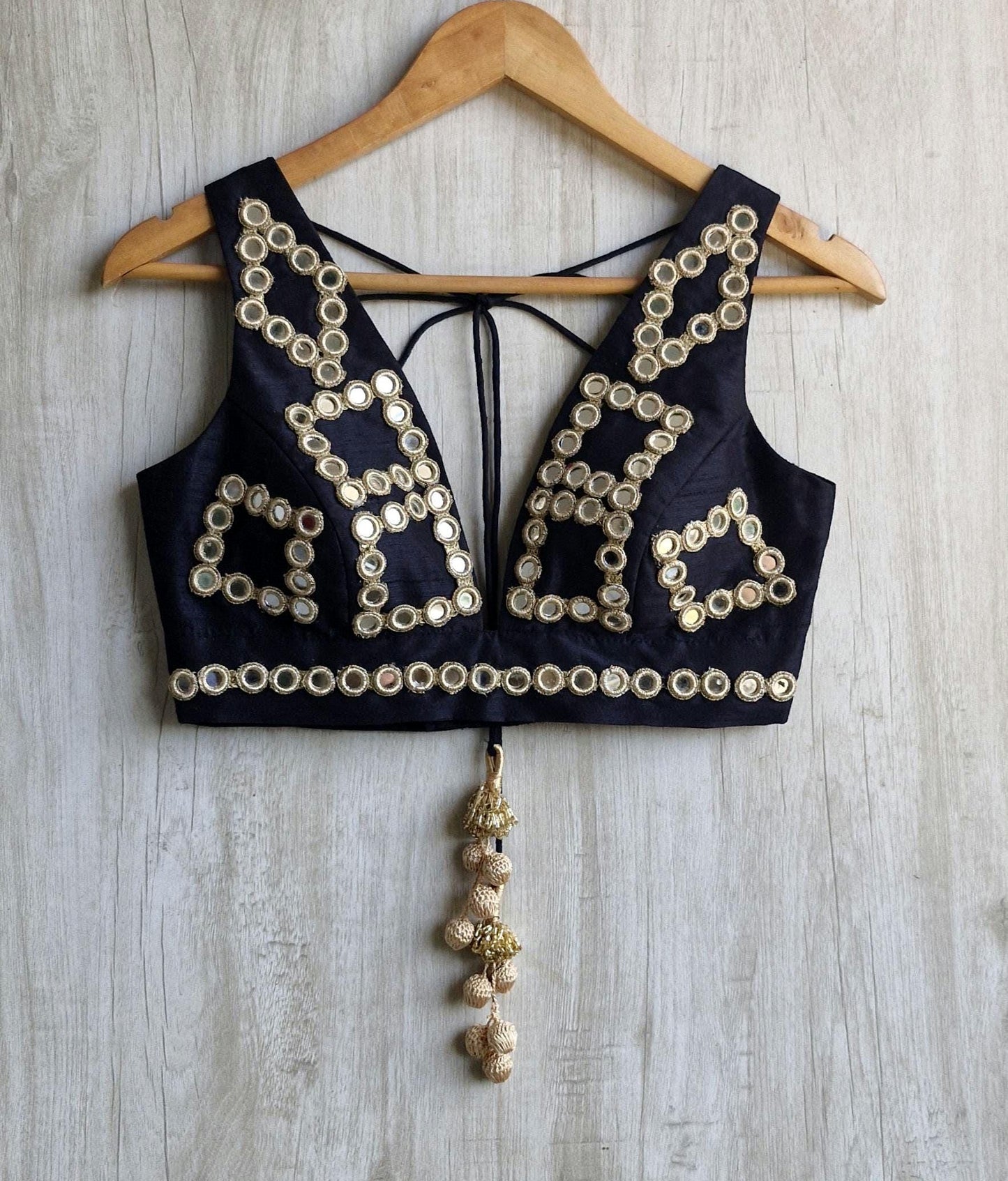 Mirror Embroidered Black Raw Silk Blouse Plunge Neckline
