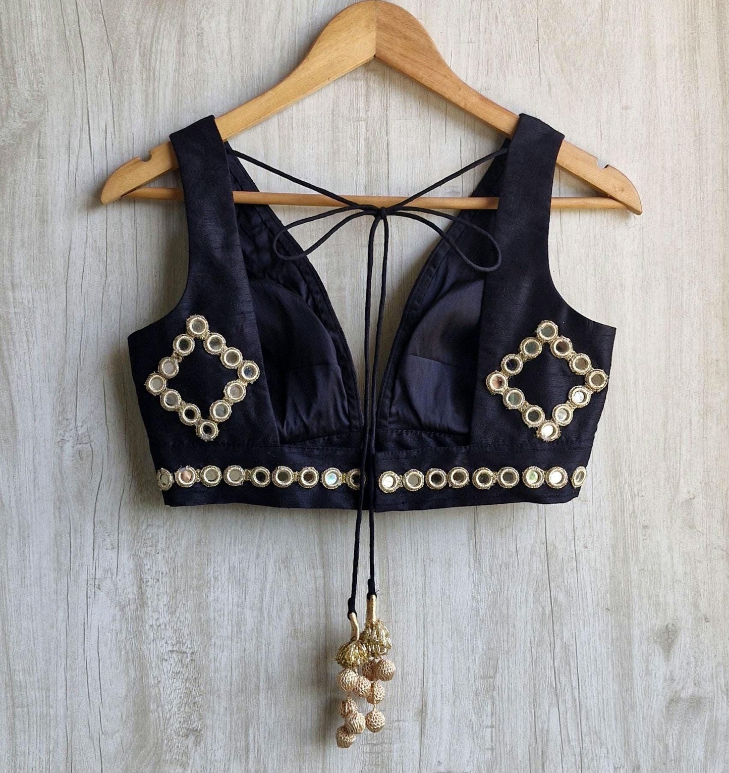 Mirror Embroidered Black Raw Silk Blouse Plunge Neckline
