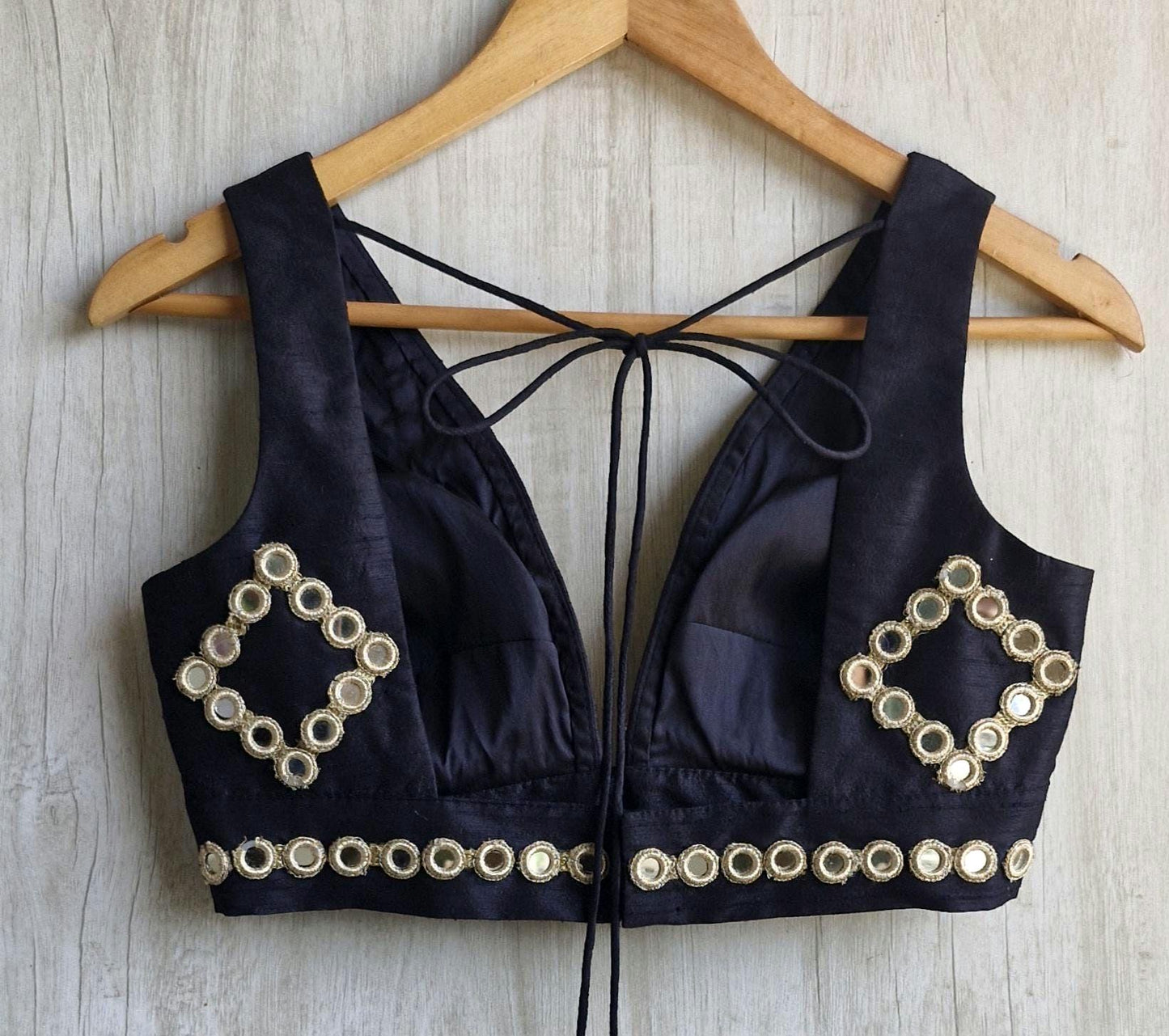 Mirror Embroidered Black Raw Silk Blouse Plunge Neckline