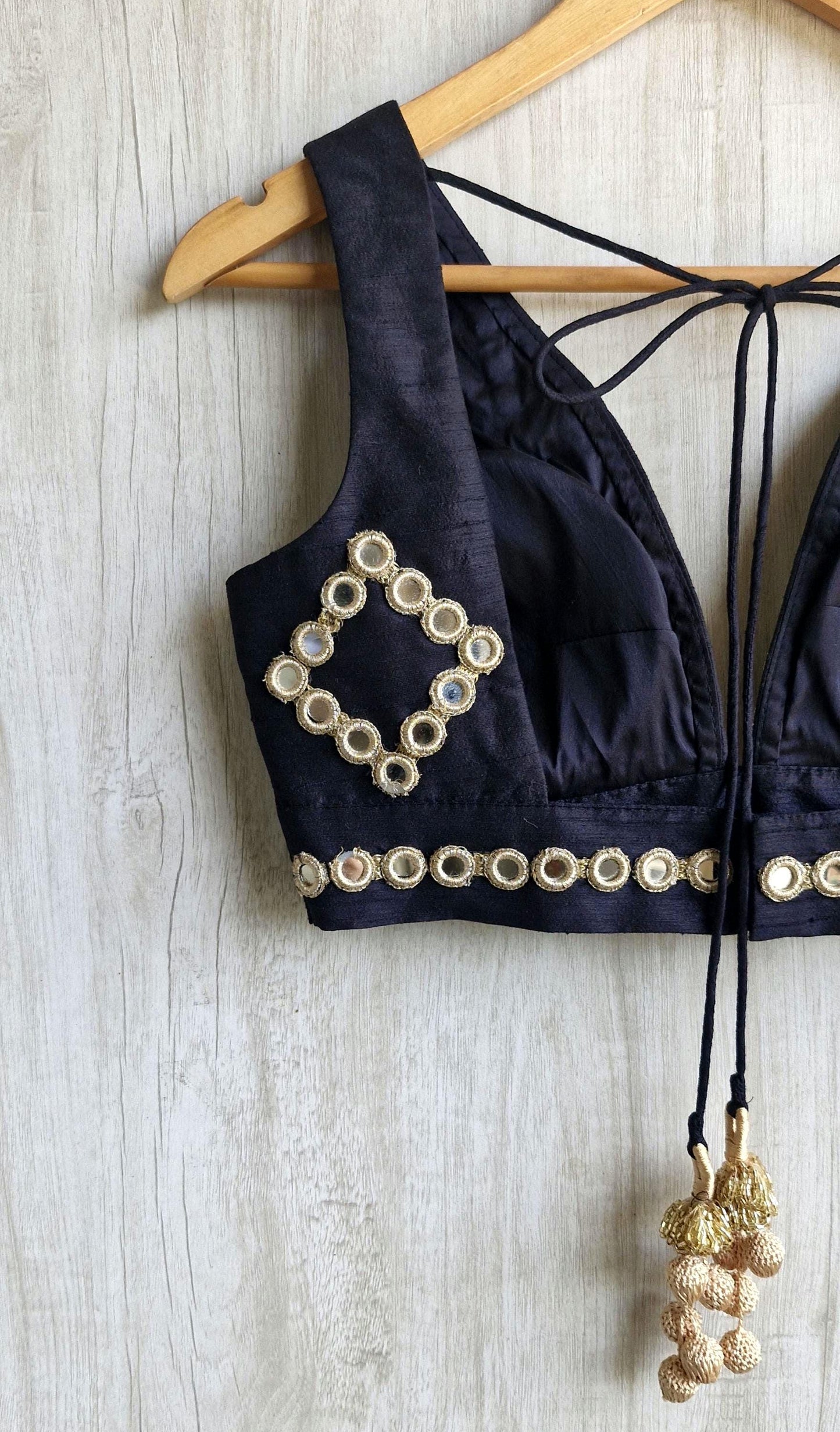 Mirror Embroidered Black Raw Silk Blouse Plunge Neckline