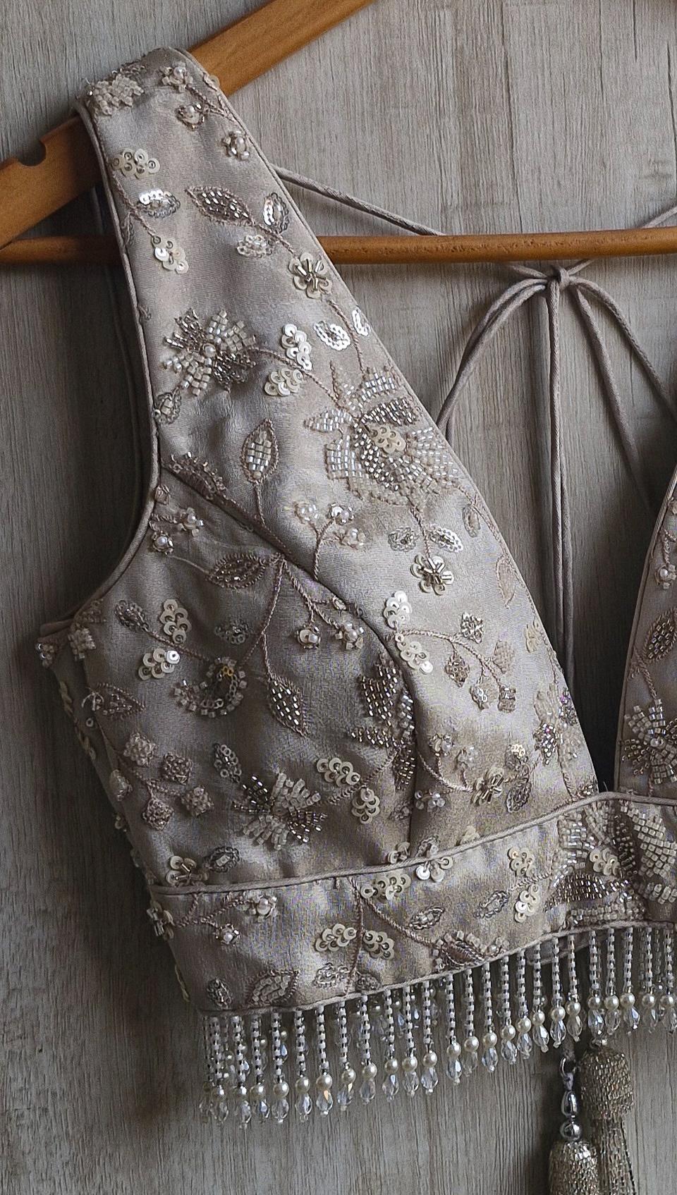 Warm Silver Embroidered Tissue Silk Blouse