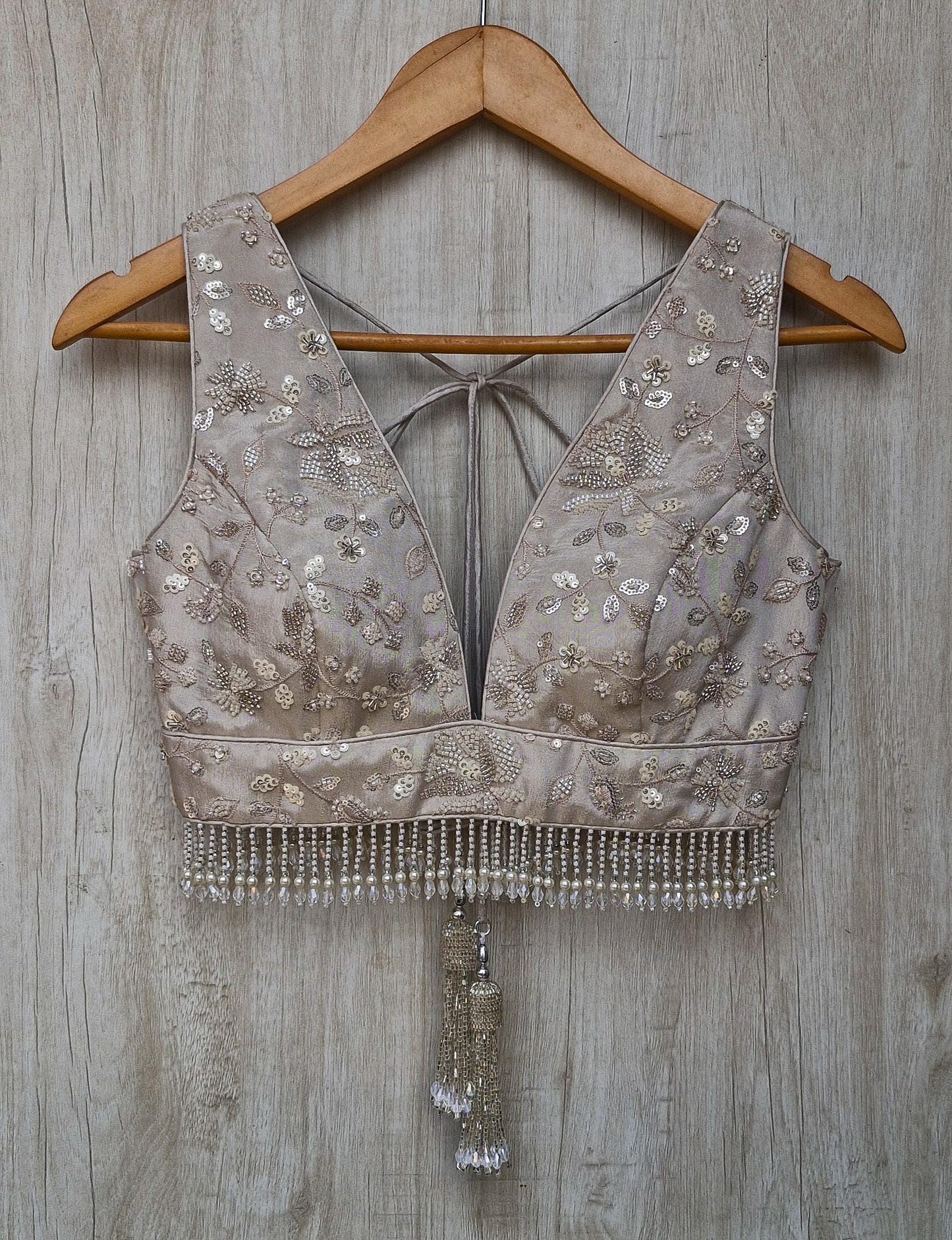 Warm Silver Embroidered Tissue Silk Blouse
