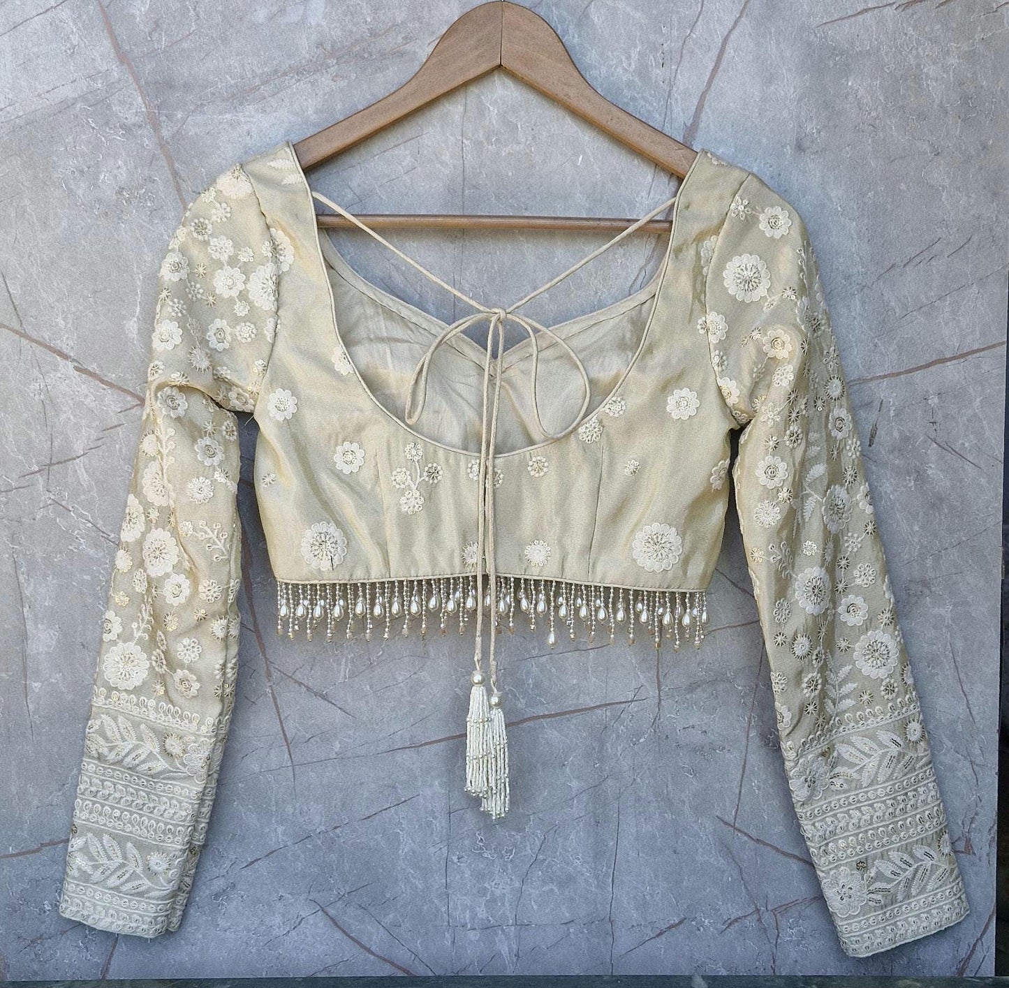 Champagne Embroidered Tissue Silk Long Sleeves Blouse
