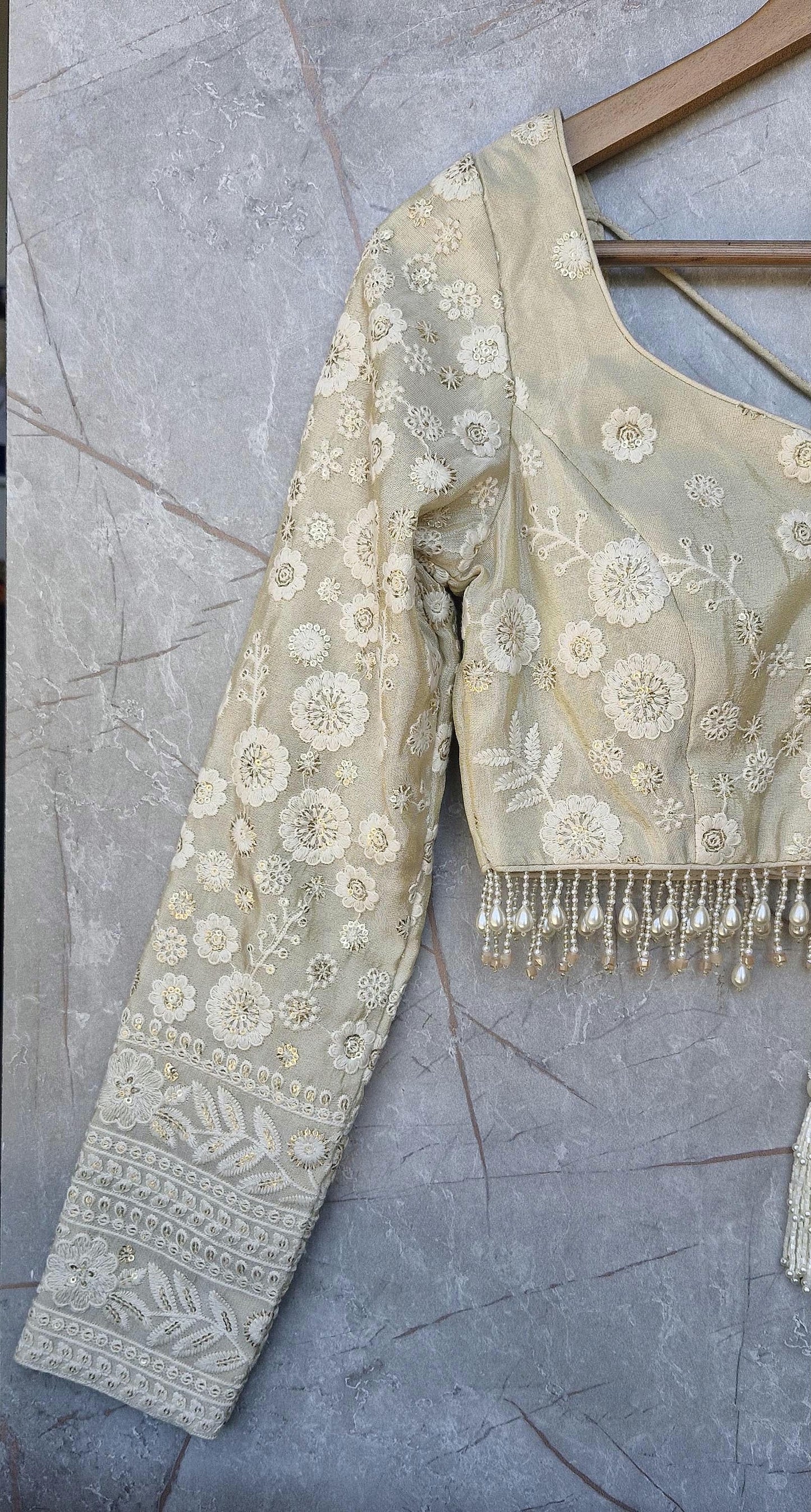 Champagne Embroidered Tissue Silk Long Sleeves Blouse