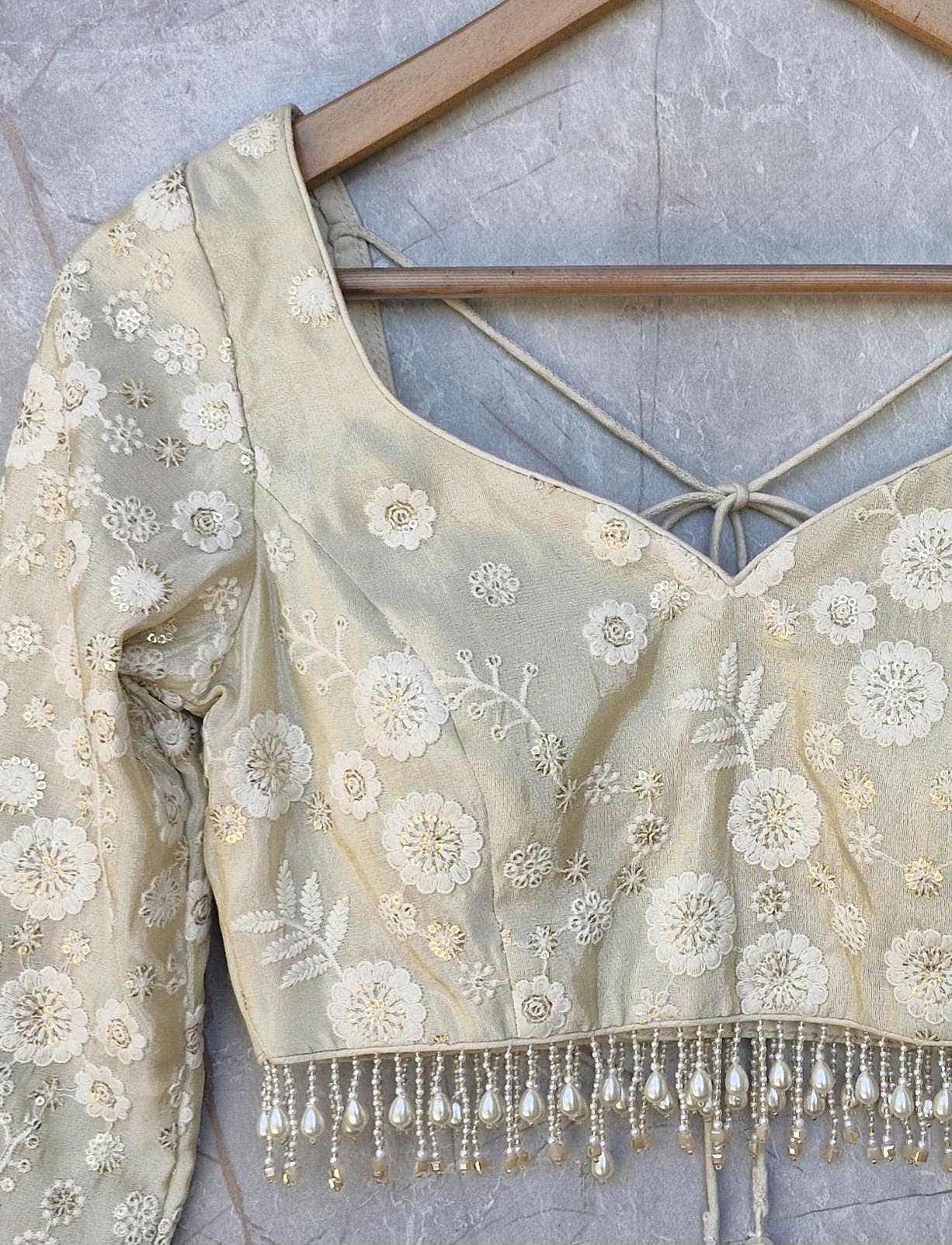 Champagne Embroidered Tissue Silk Long Sleeves Blouse