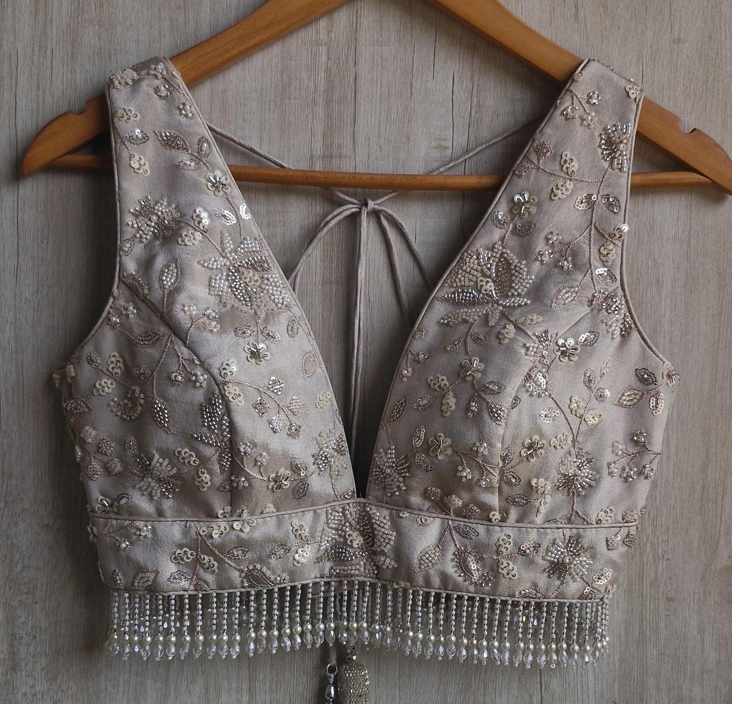 Warm Silver Embroidered Tissue Silk Blouse