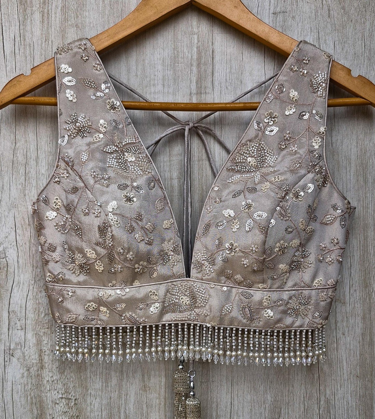 Warm Silver Embroidered Tissue Silk Blouse