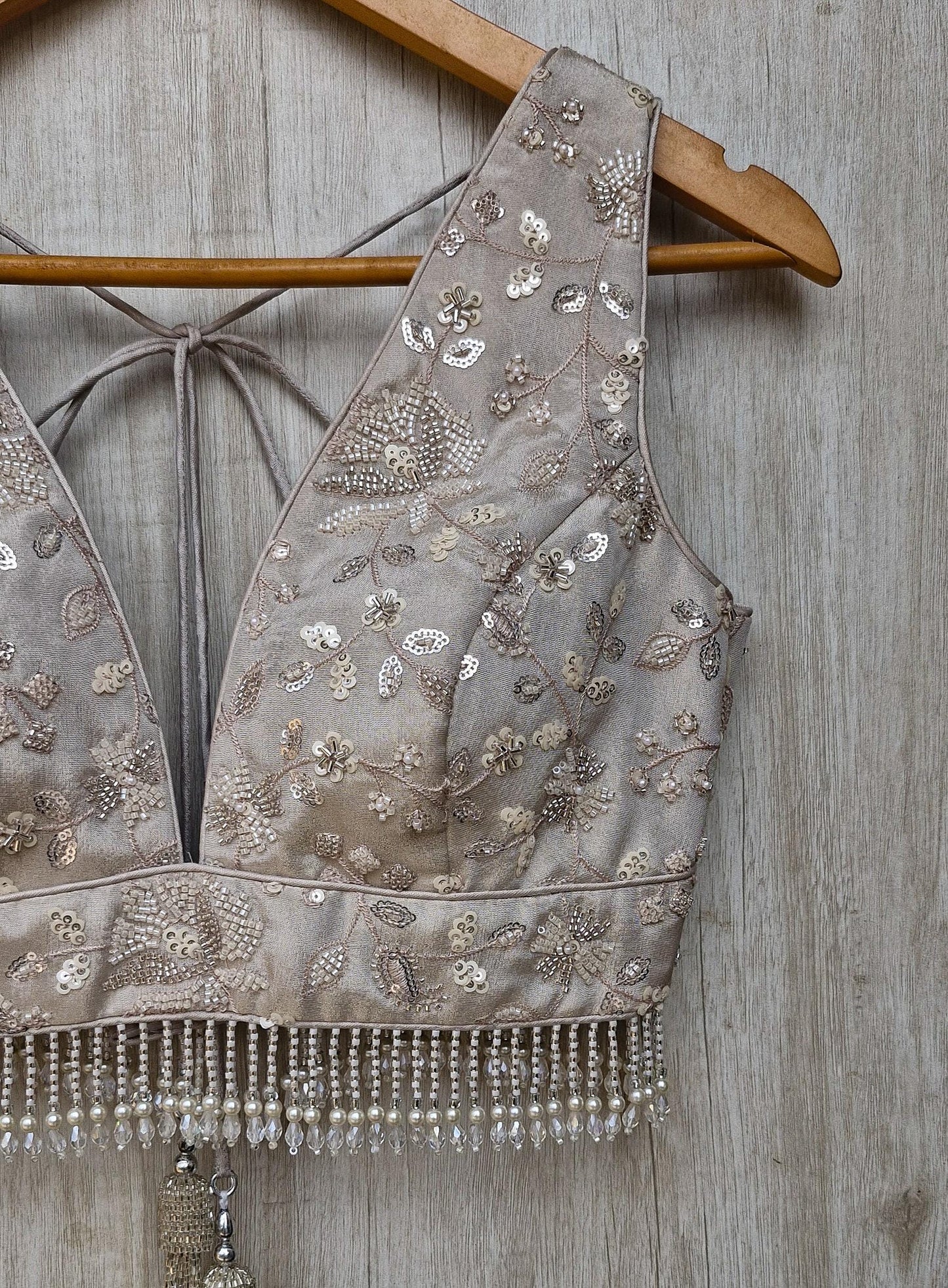 Warm Silver Embroidered Tissue Silk Blouse