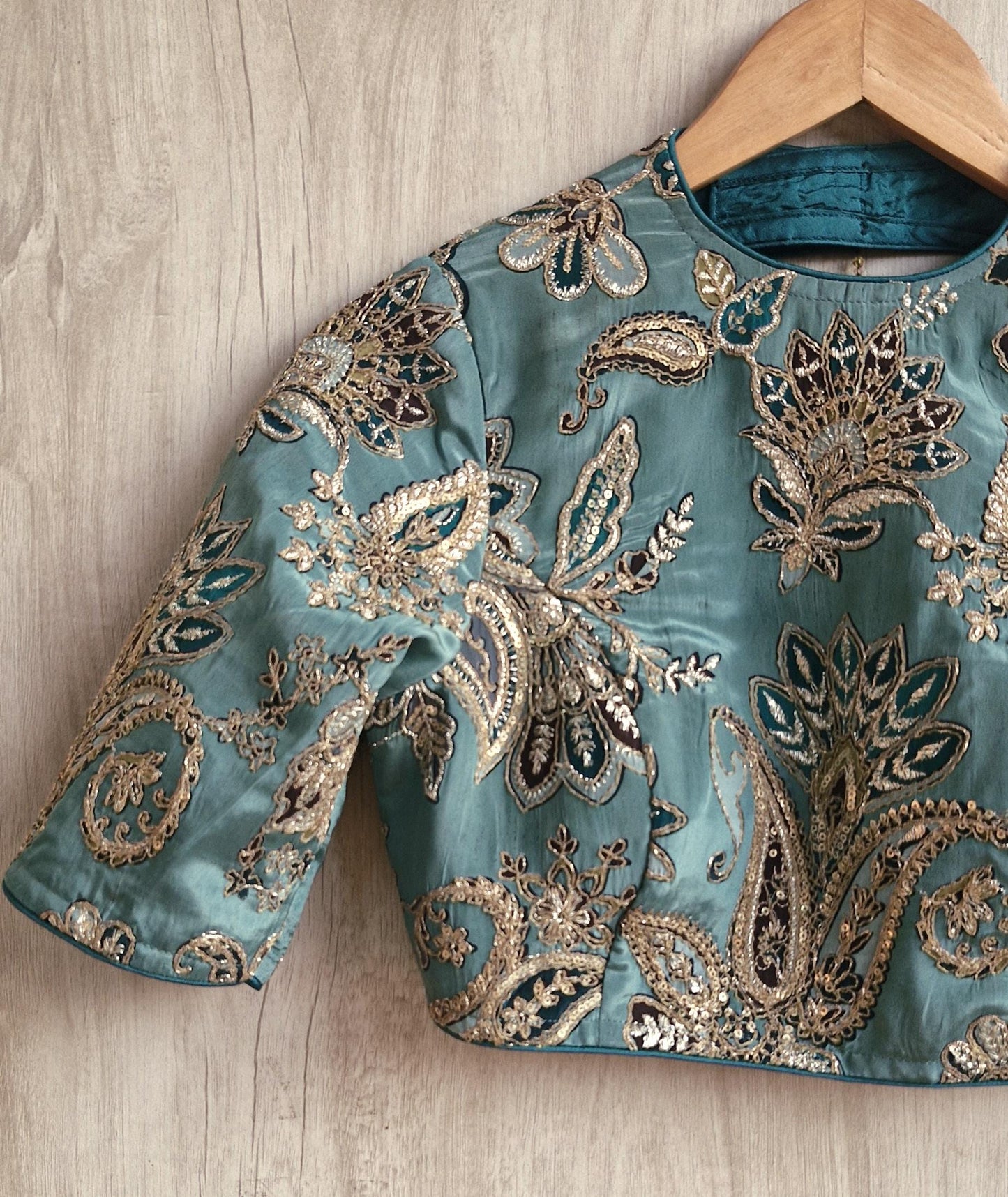 Green Embroidered Crepe Half Sleeves Blouse