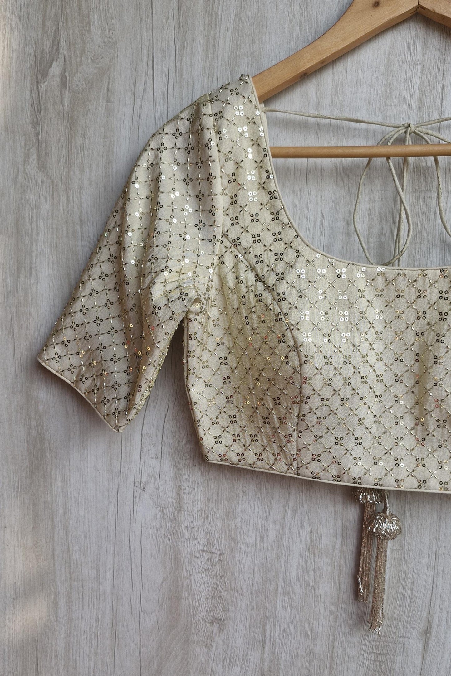 Embroidered Cream Gold Round Neck Elbow Sleeves Silk Blouse