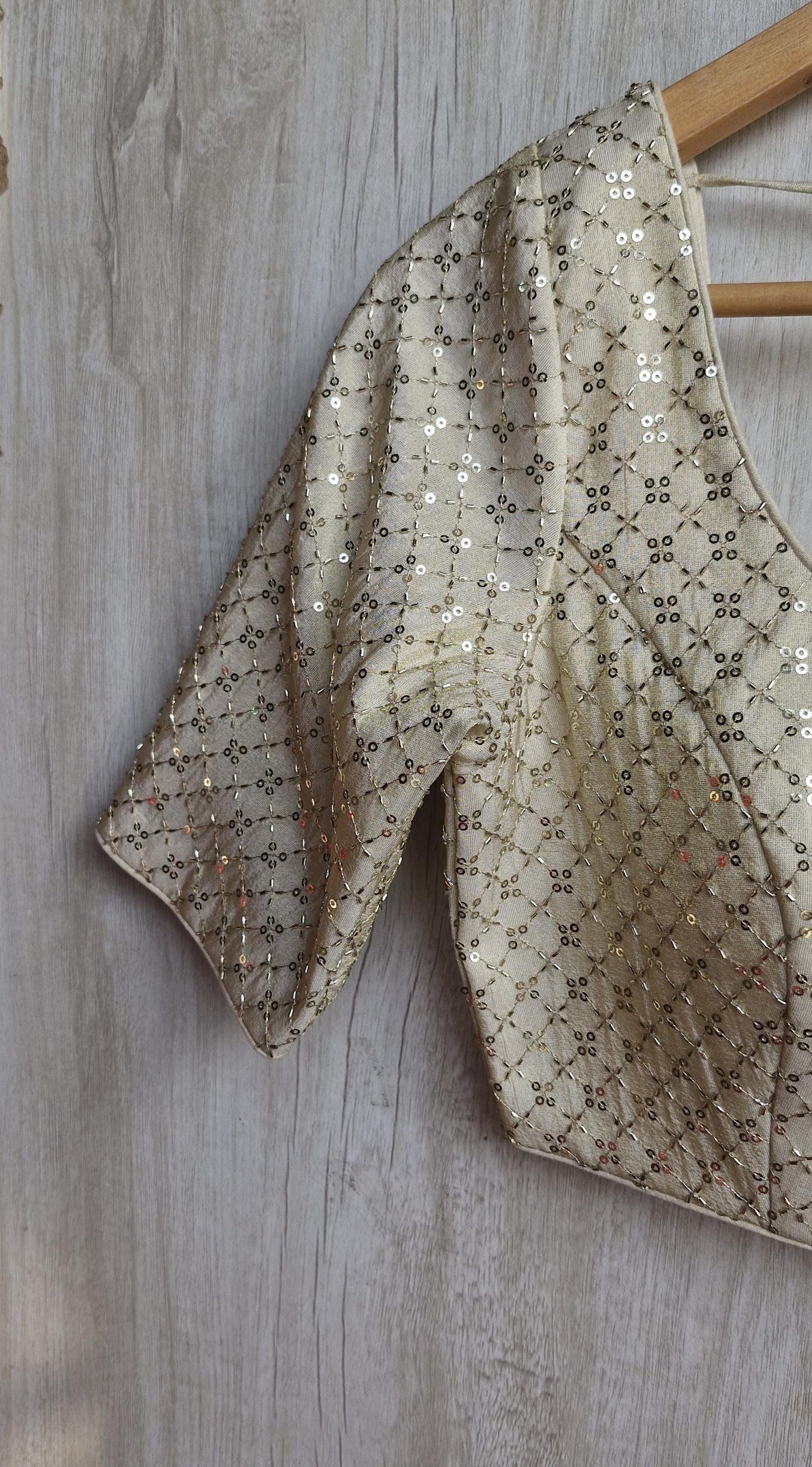 Embroidered Cream Gold Round Neck Elbow Sleeves Silk Blouse
