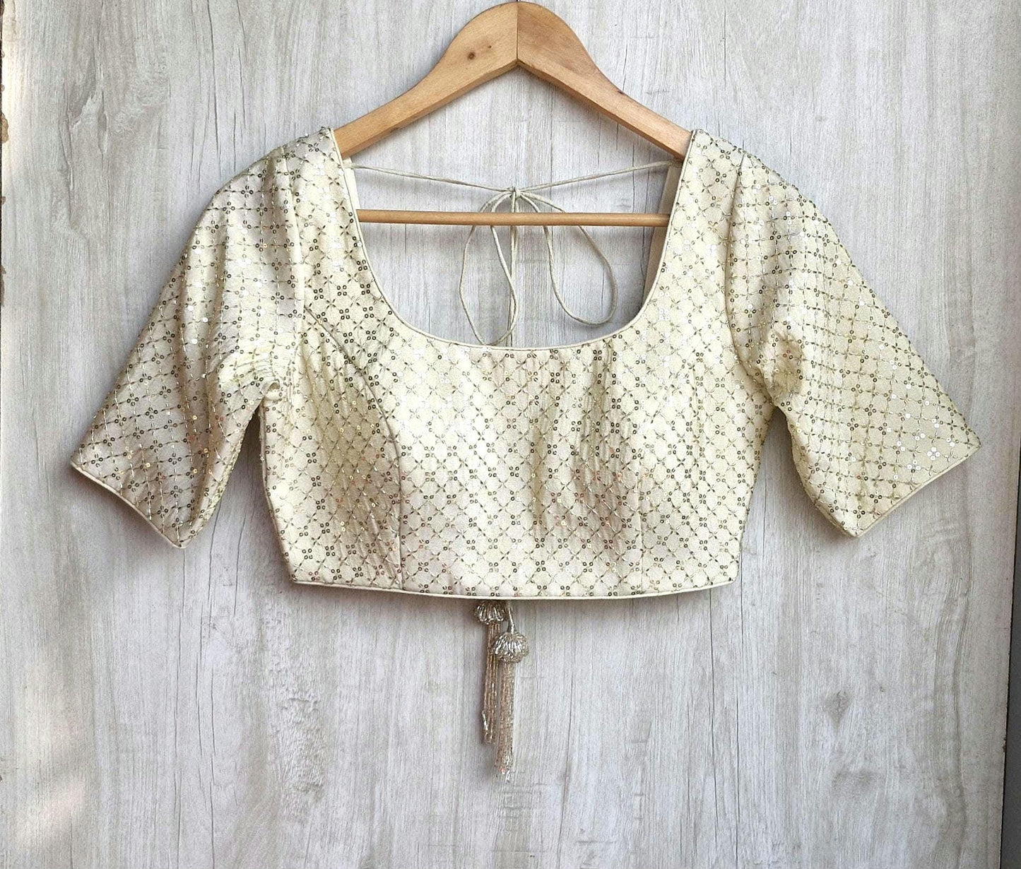 Embroidered Cream Gold Round Neck Elbow Sleeves Silk Blouse