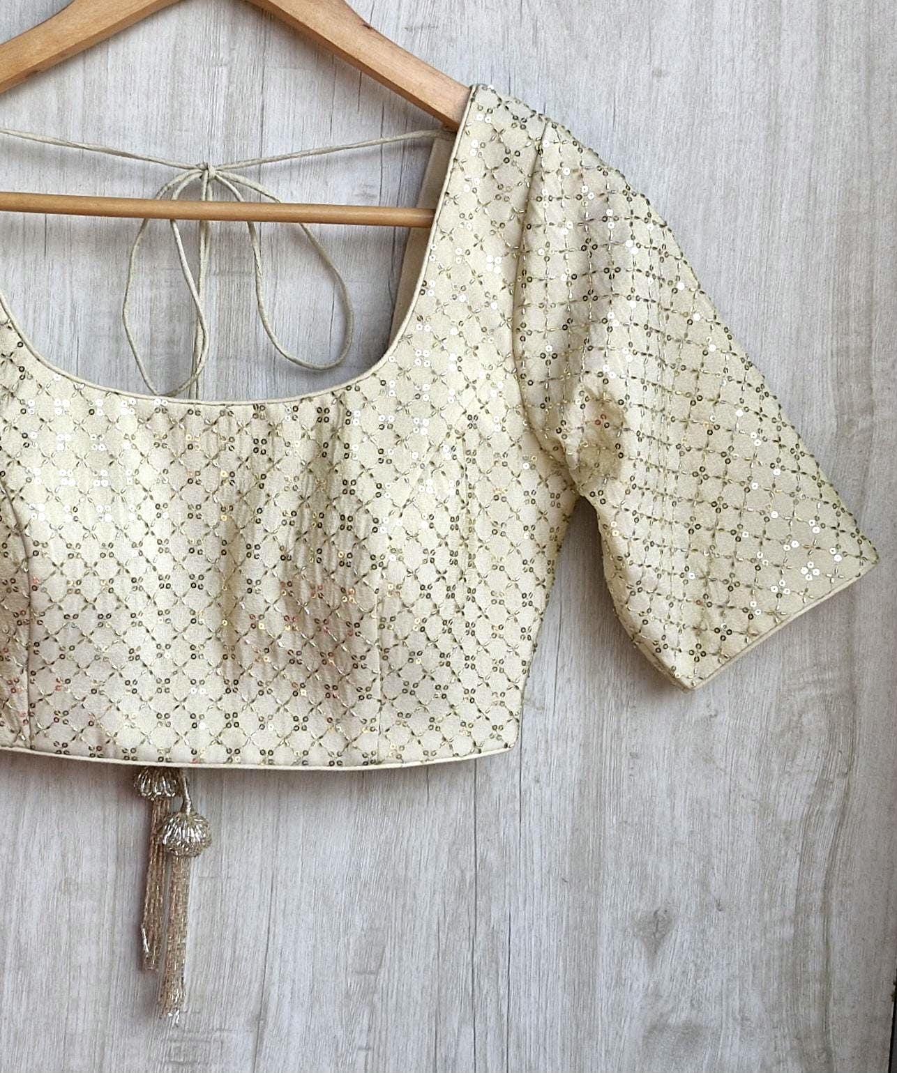 Embroidered Cream Gold Round Neck Elbow Sleeves Silk Blouse