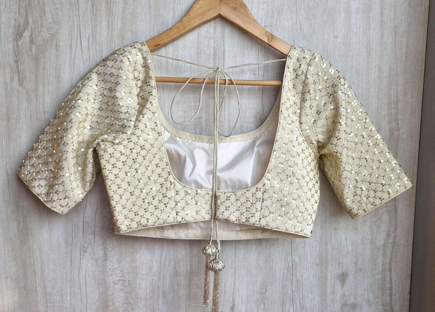 Embroidered Cream Gold Round Neck Elbow Sleeves Silk Blouse
