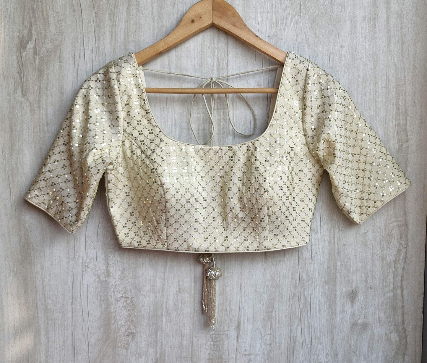 Embroidered Cream Gold Round Neck Elbow Sleeves Silk Blouse