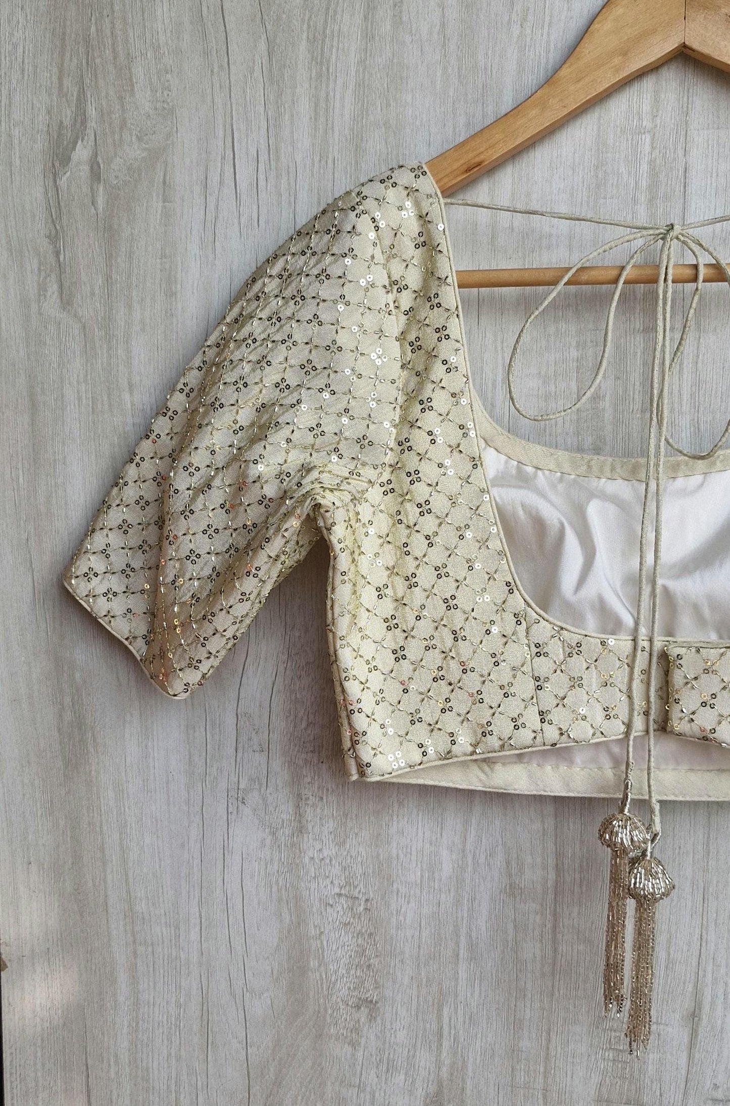 Embroidered Cream Gold Round Neck Elbow Sleeves Silk Blouse
