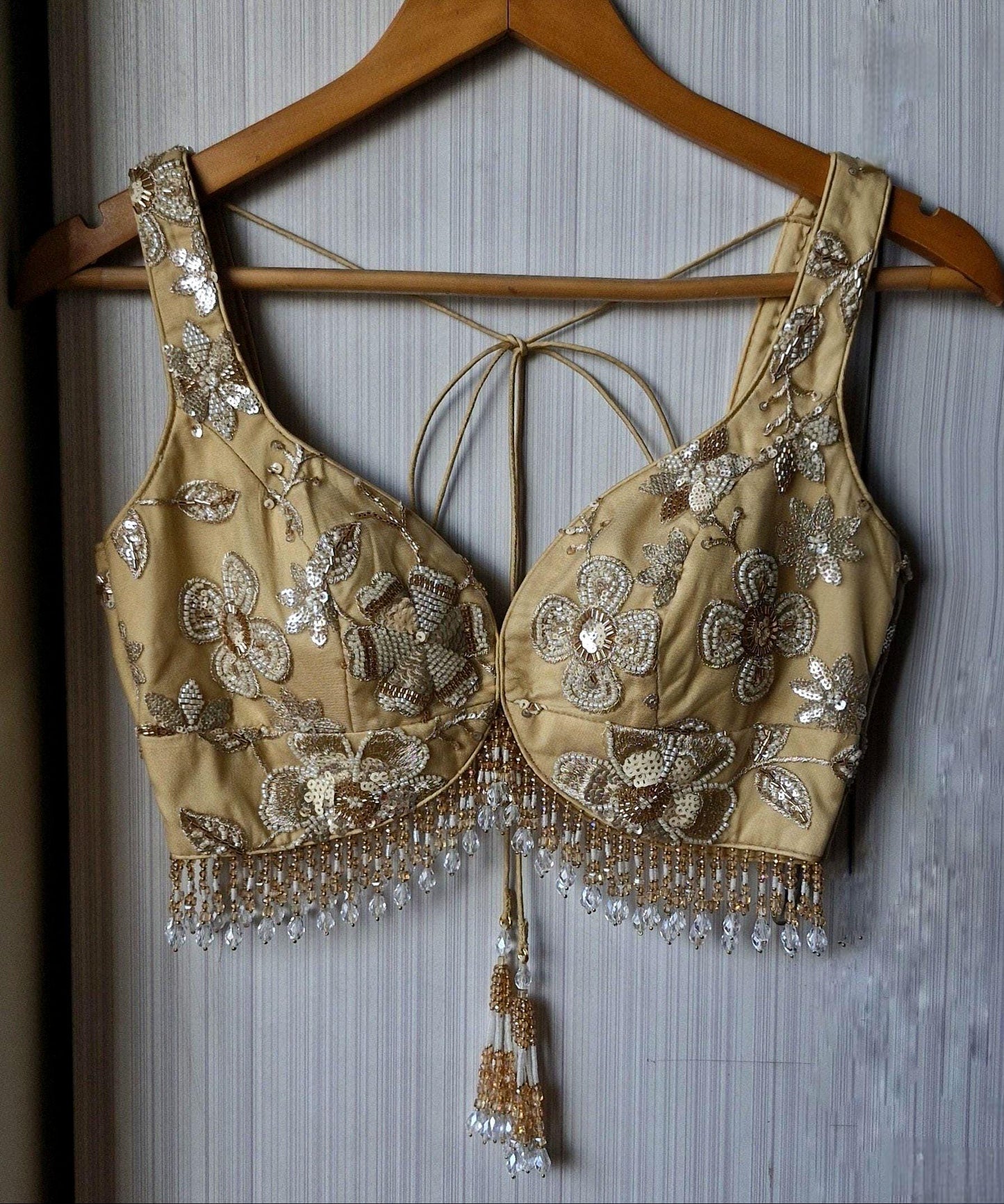 Golden Beige Embroidered Net Sweetheart Neck Blouse