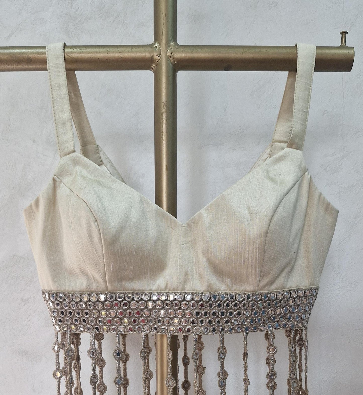 Cream Gold Raw Silk V Neck Blouse, Mirror Fringes