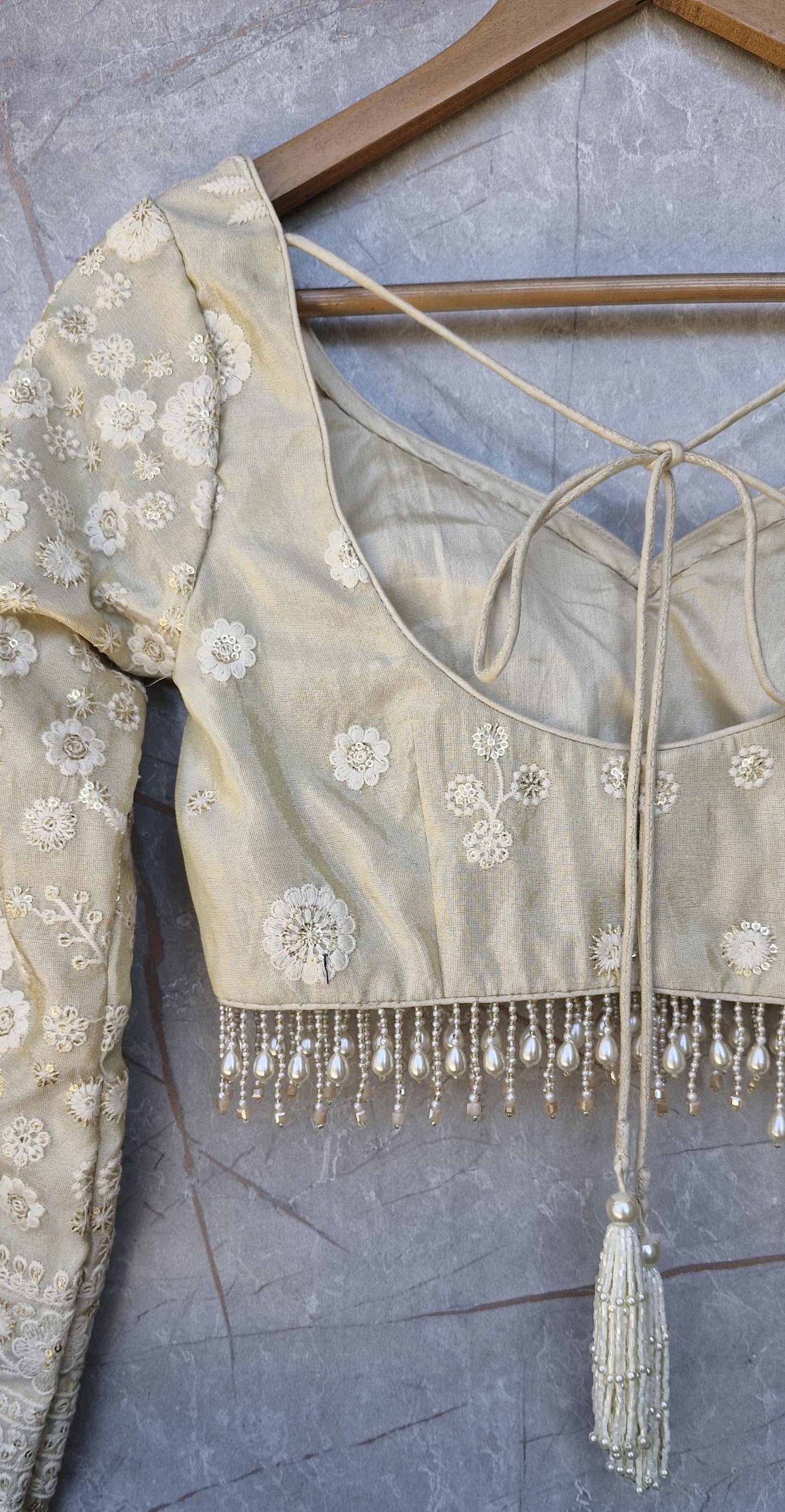 Champagne Embroidered Tissue Silk Long Sleeves Blouse