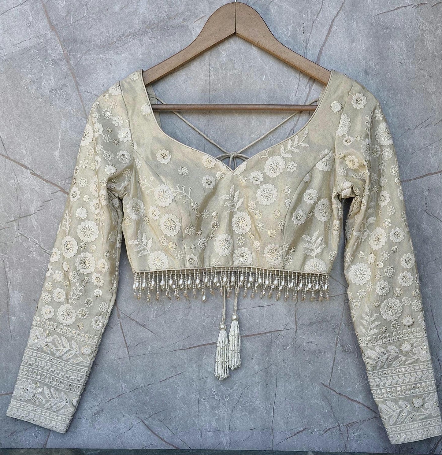 Champagne Embroidered Tissue Silk Long Sleeves Blouse