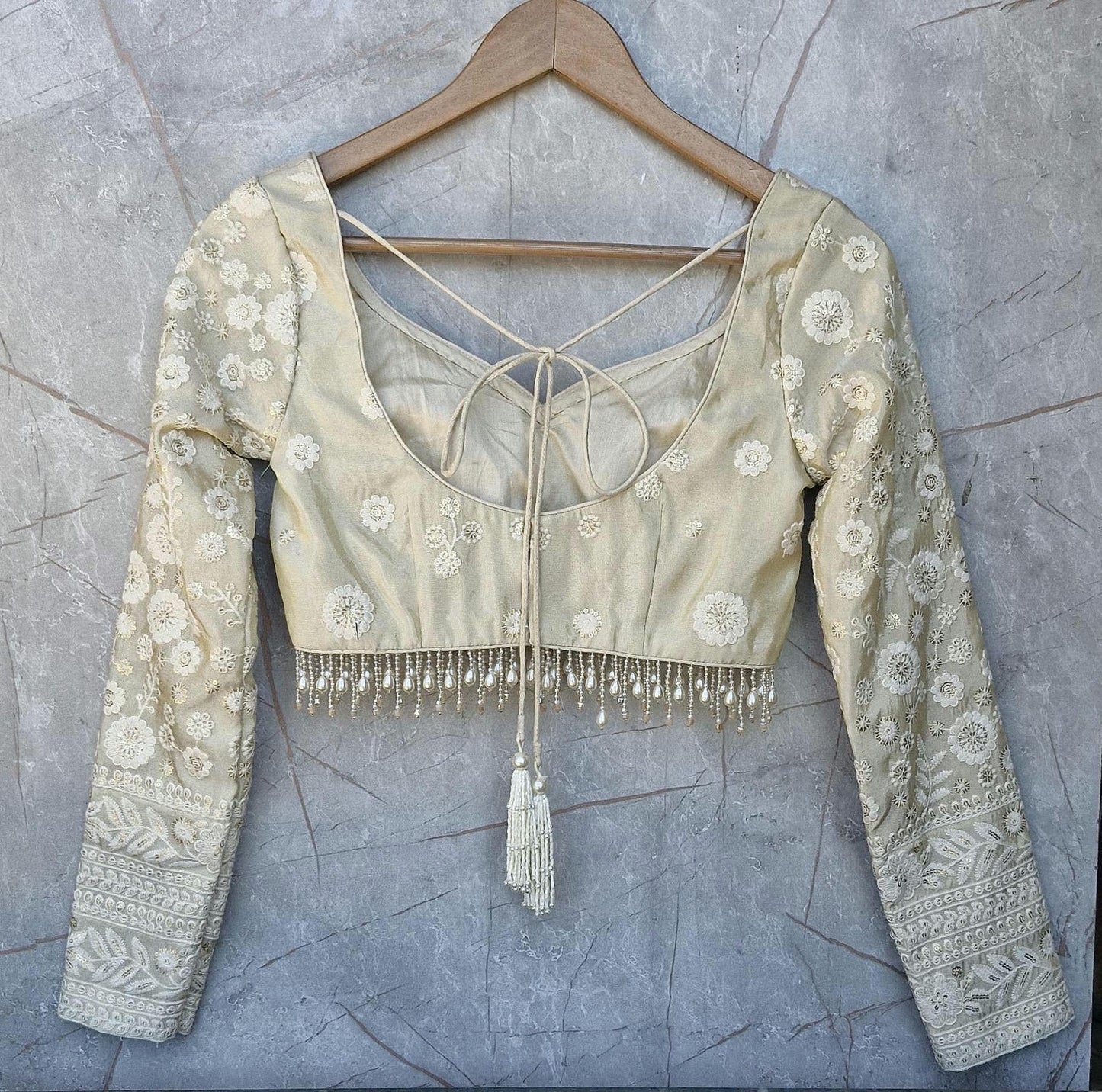 Champagne Embroidered Tissue Silk Long Sleeves Blouse