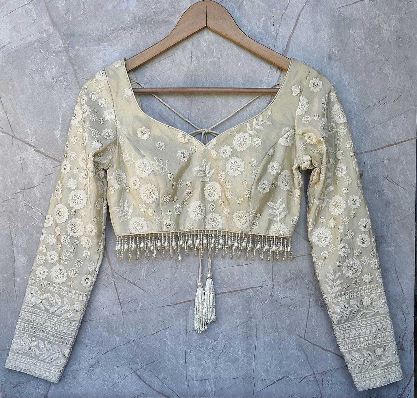 Champagne Embroidered Tissue Silk Long Sleeves Blouse