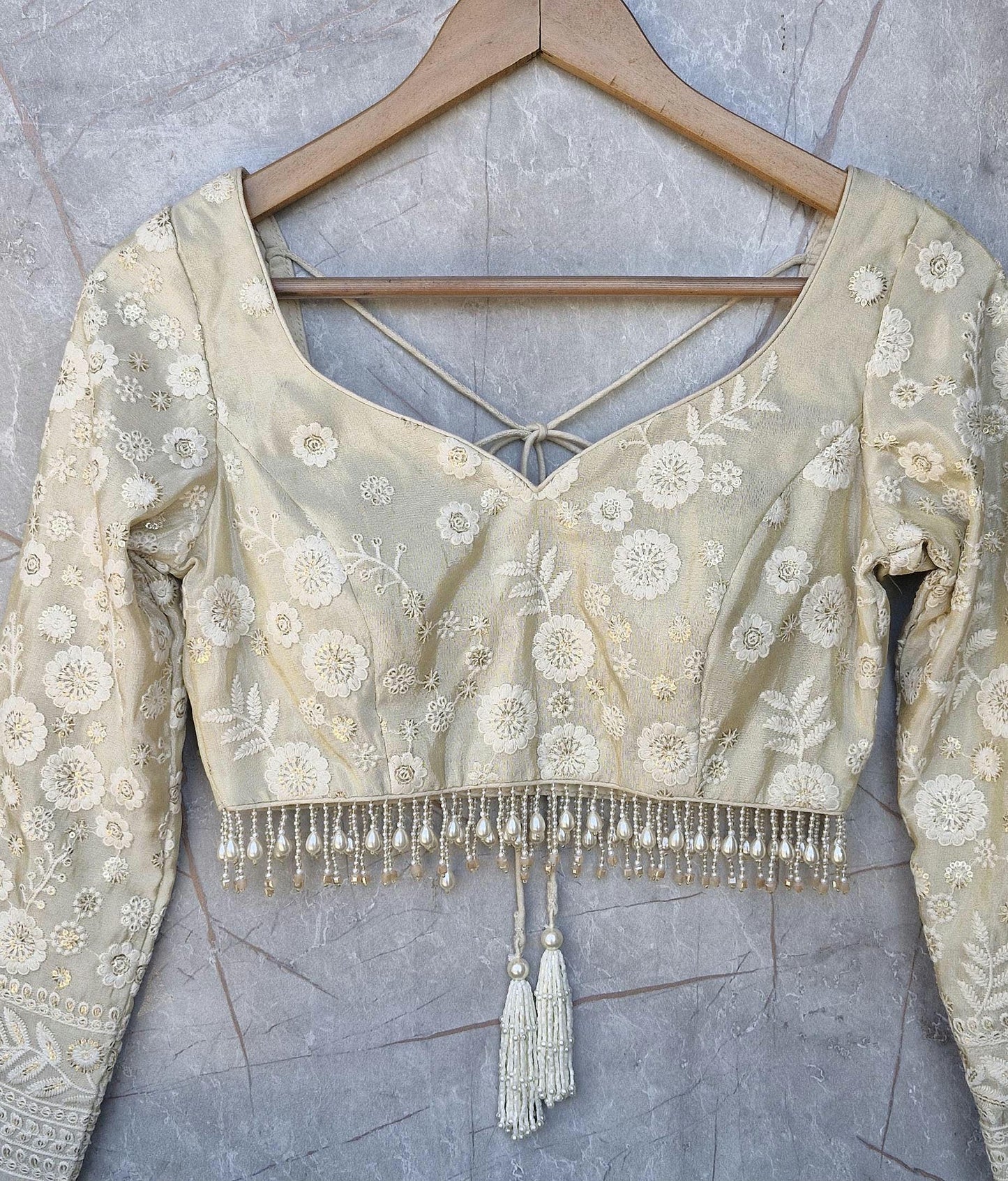 Champagne Embroidered Tissue Silk Long Sleeves Blouse