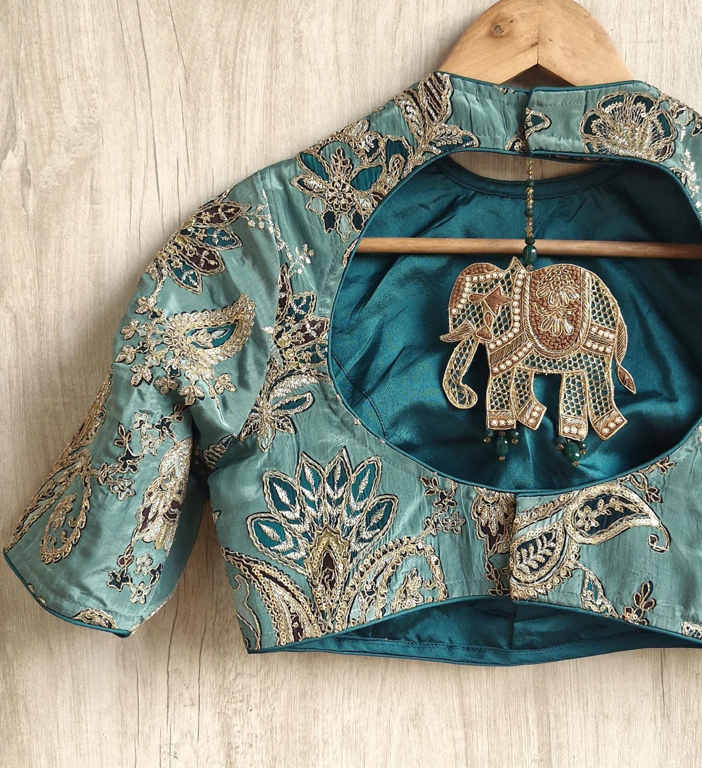 Green Embroidered Crepe Half Sleeves Blouse
