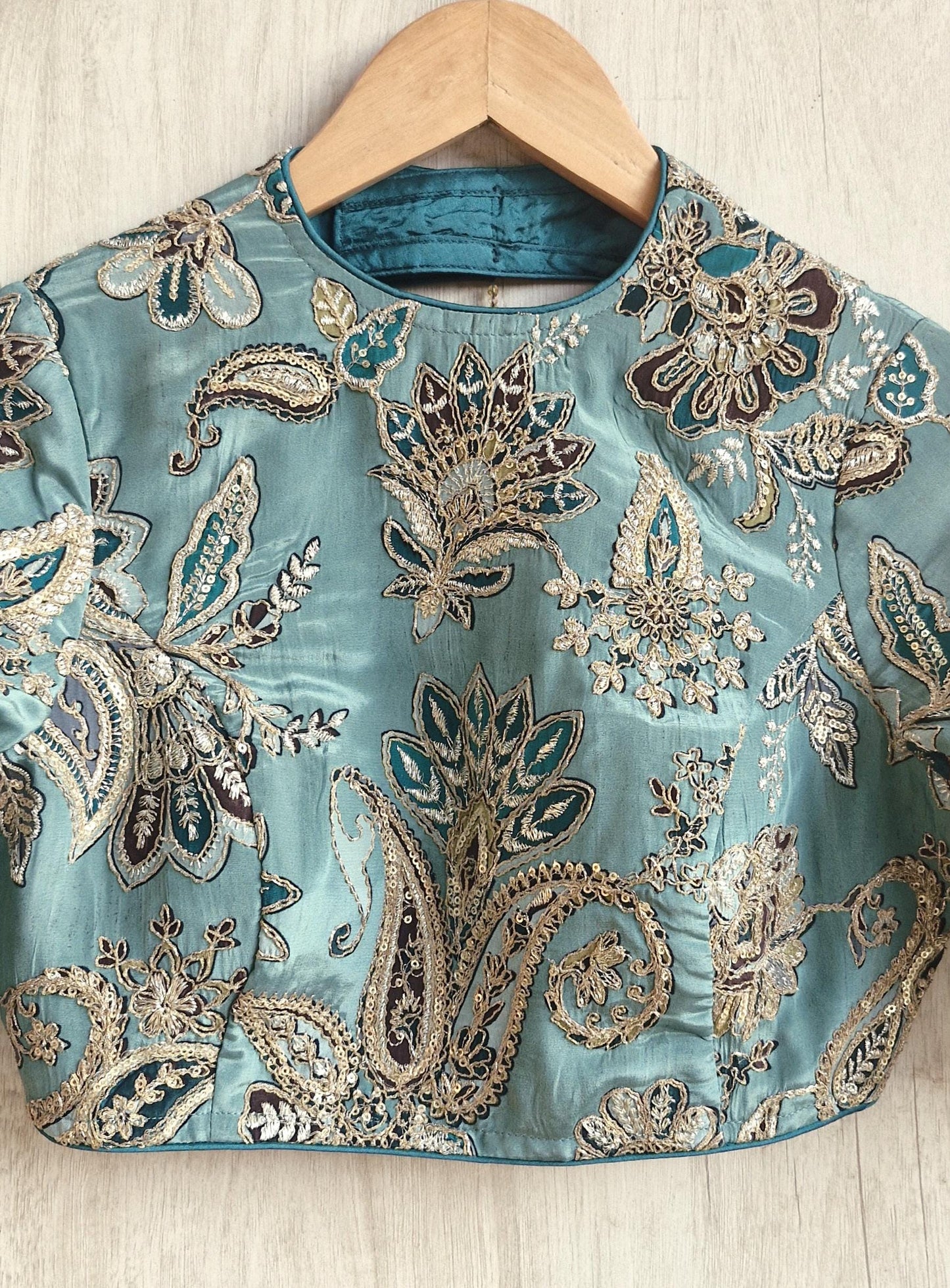 Green Embroidered Crepe Half Sleeves Blouse
