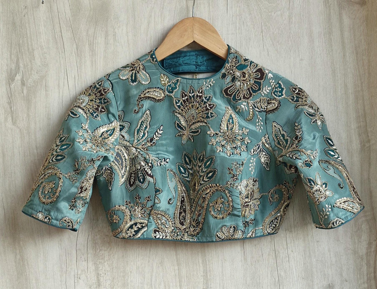 Green Embroidered Crepe Half Sleeves Blouse