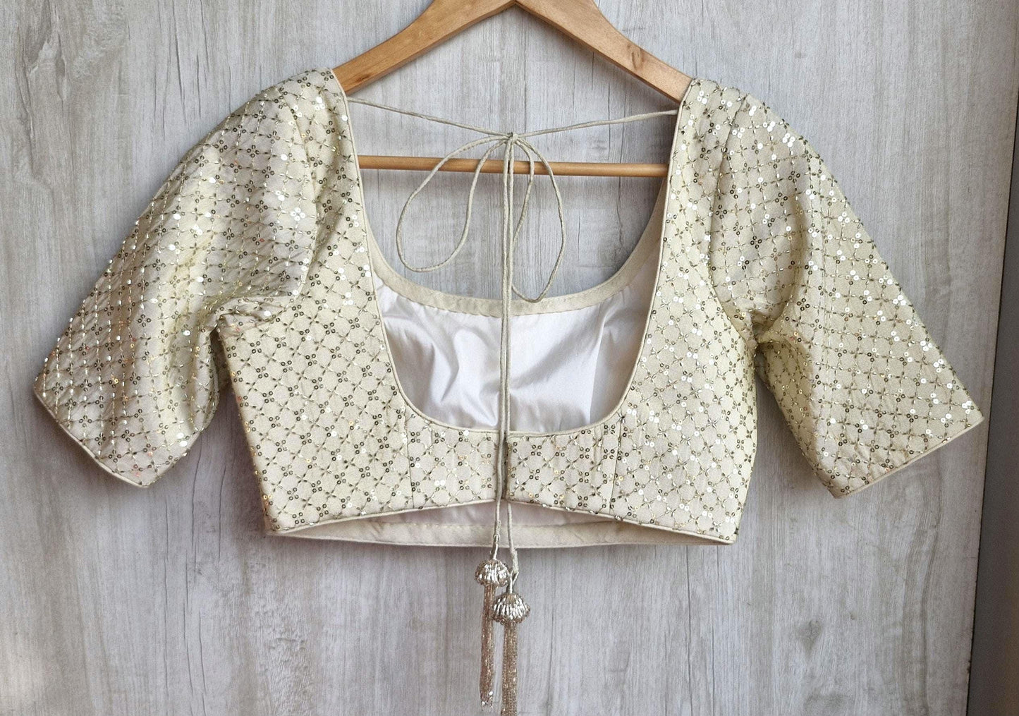 Embroidered Cream Gold Round Neck Elbow Sleeves Silk Blouse