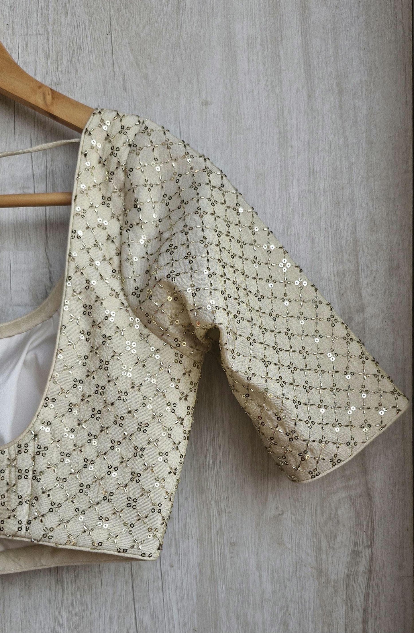 Embroidered Cream Gold Round Neck Elbow Sleeves Silk Blouse
