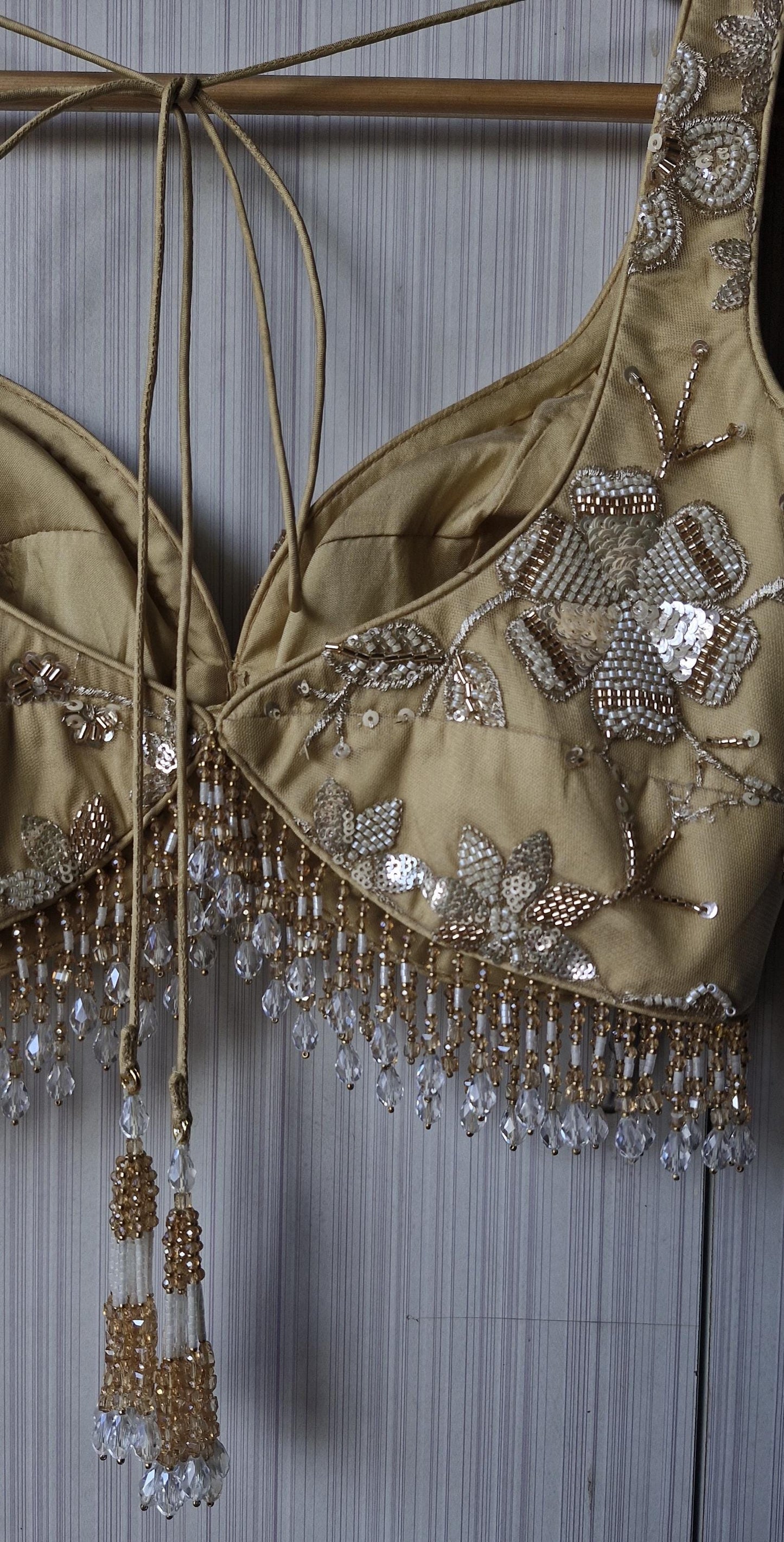 Golden Beige Embroidered Net Sweetheart Neck Blouse
