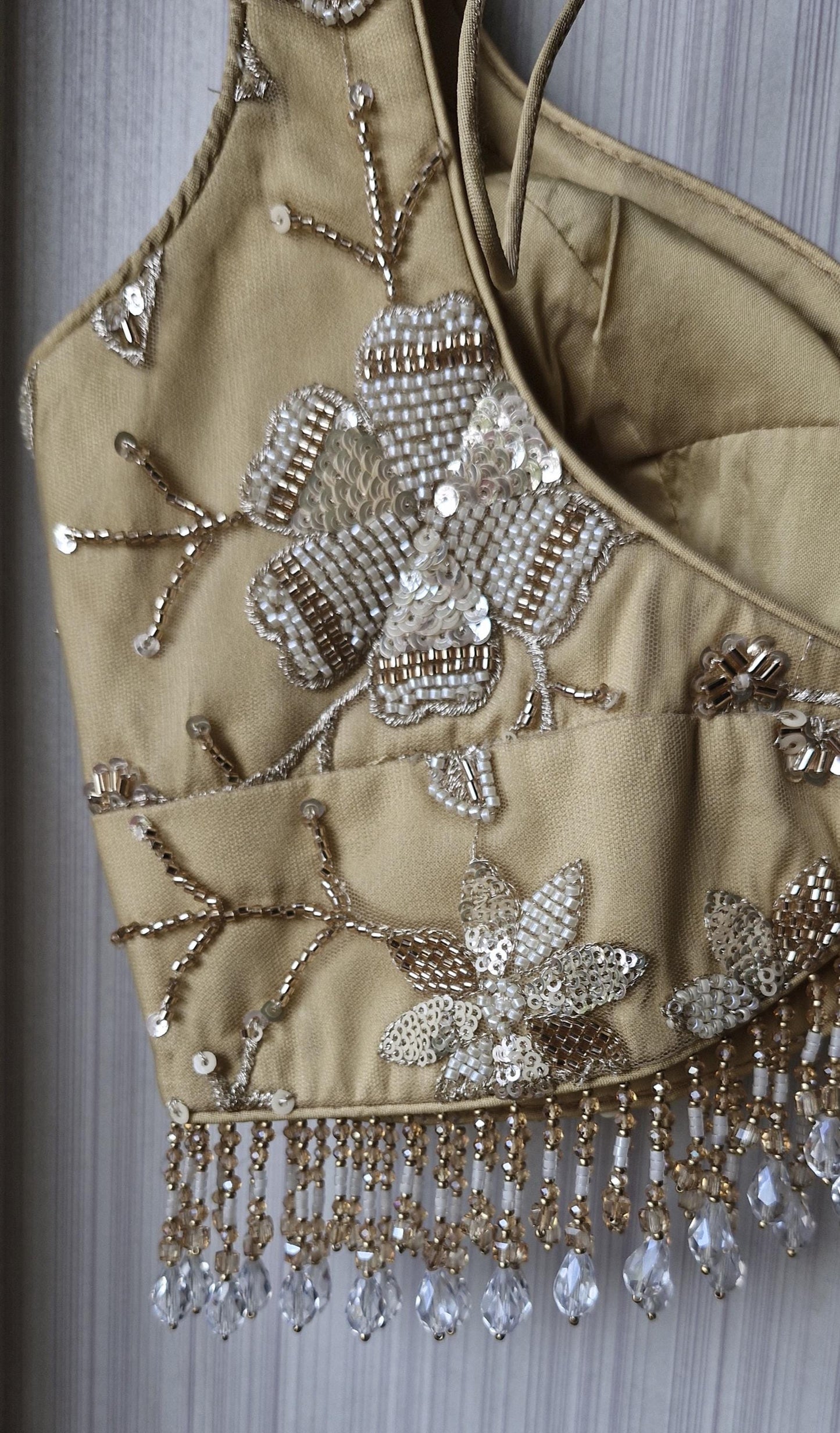 Golden Beige Embroidered Net Sweetheart Neck Blouse
