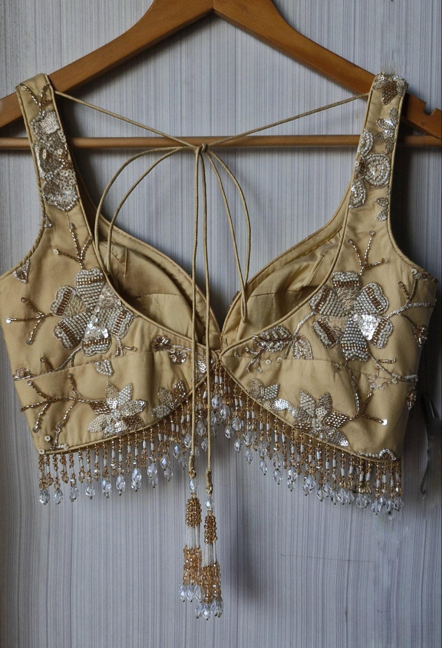 Golden Beige Embroidered Net Sweetheart Neck Blouse