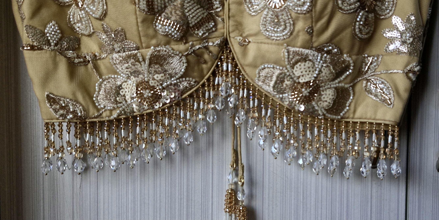 Golden Beige Embroidered Net Sweetheart Neck Blouse