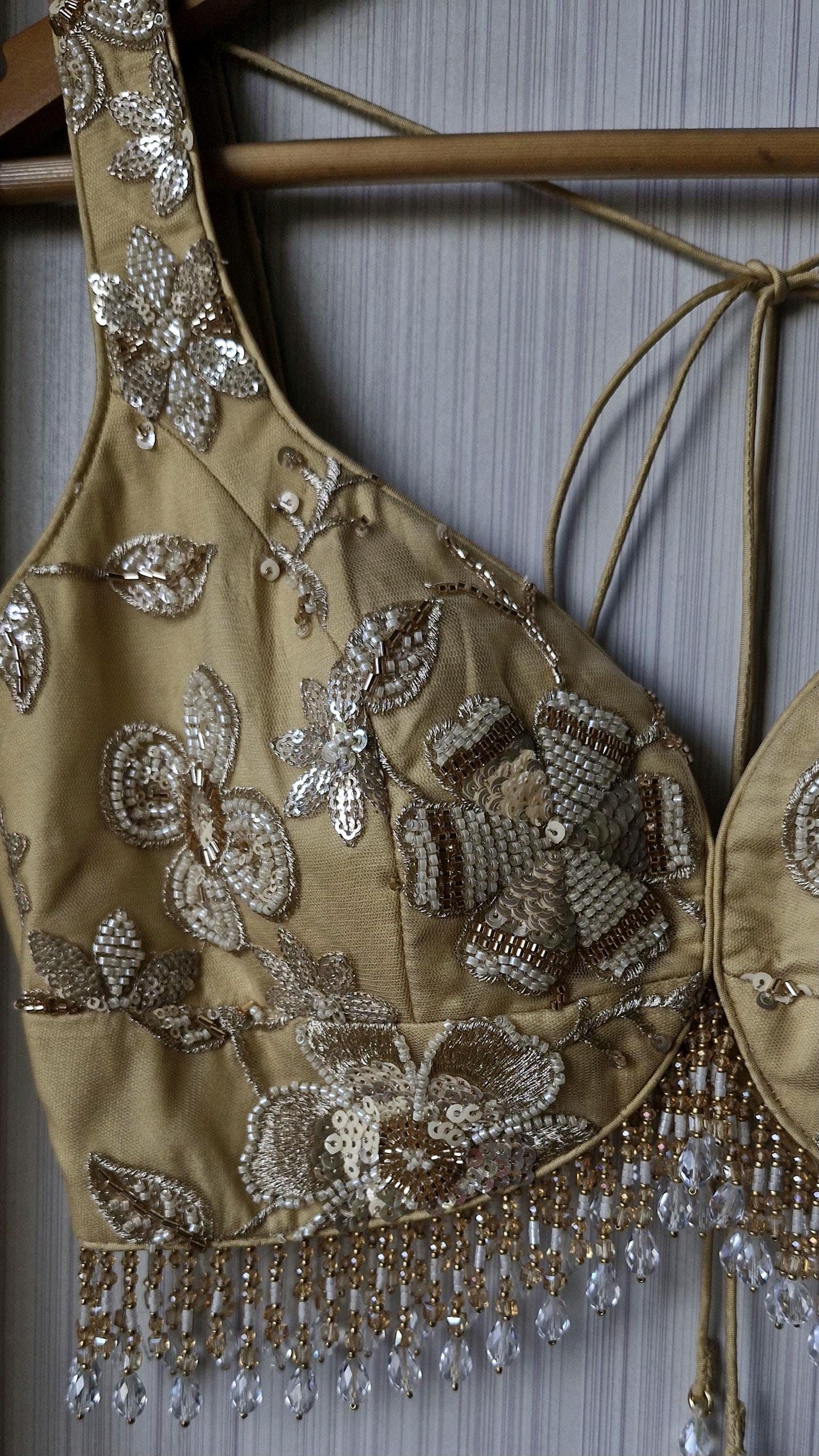Golden Beige Embroidered Net Sweetheart Neck Blouse